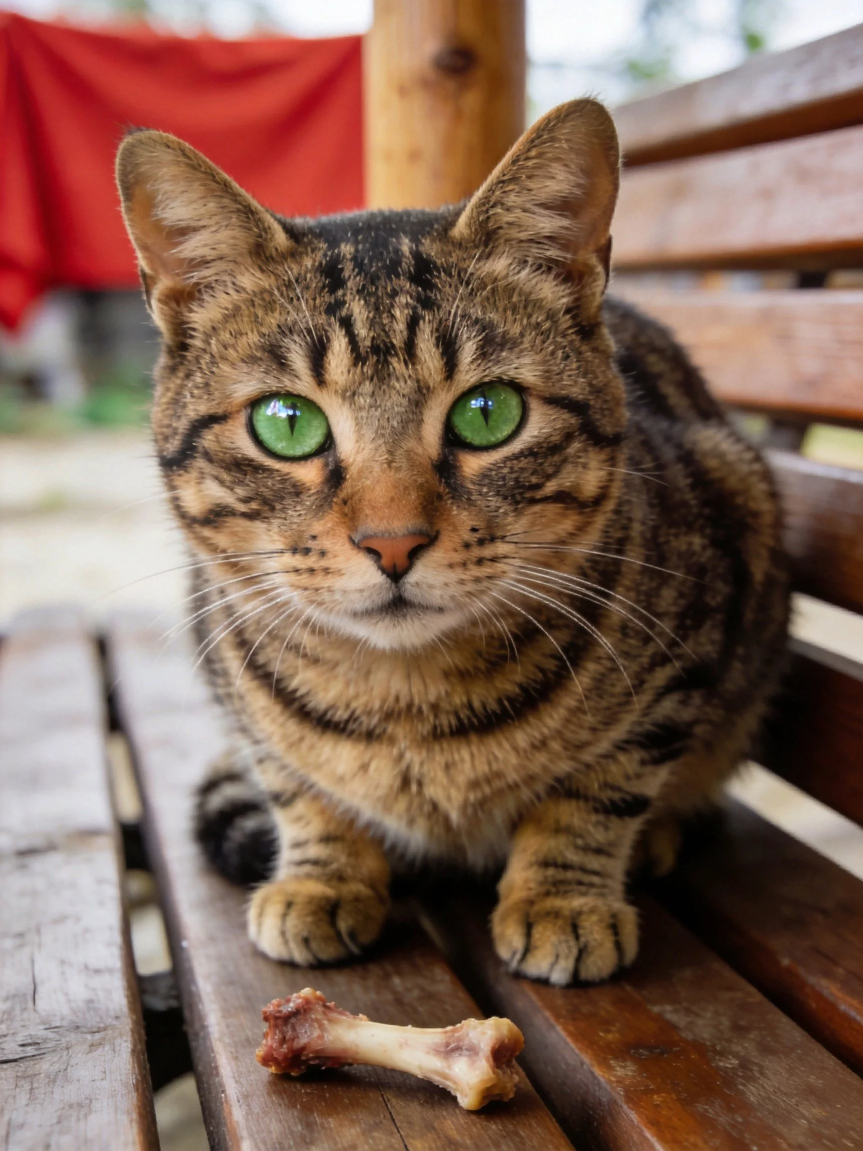 Tabby cat with green eyes sits on wooden bench beside a small bone