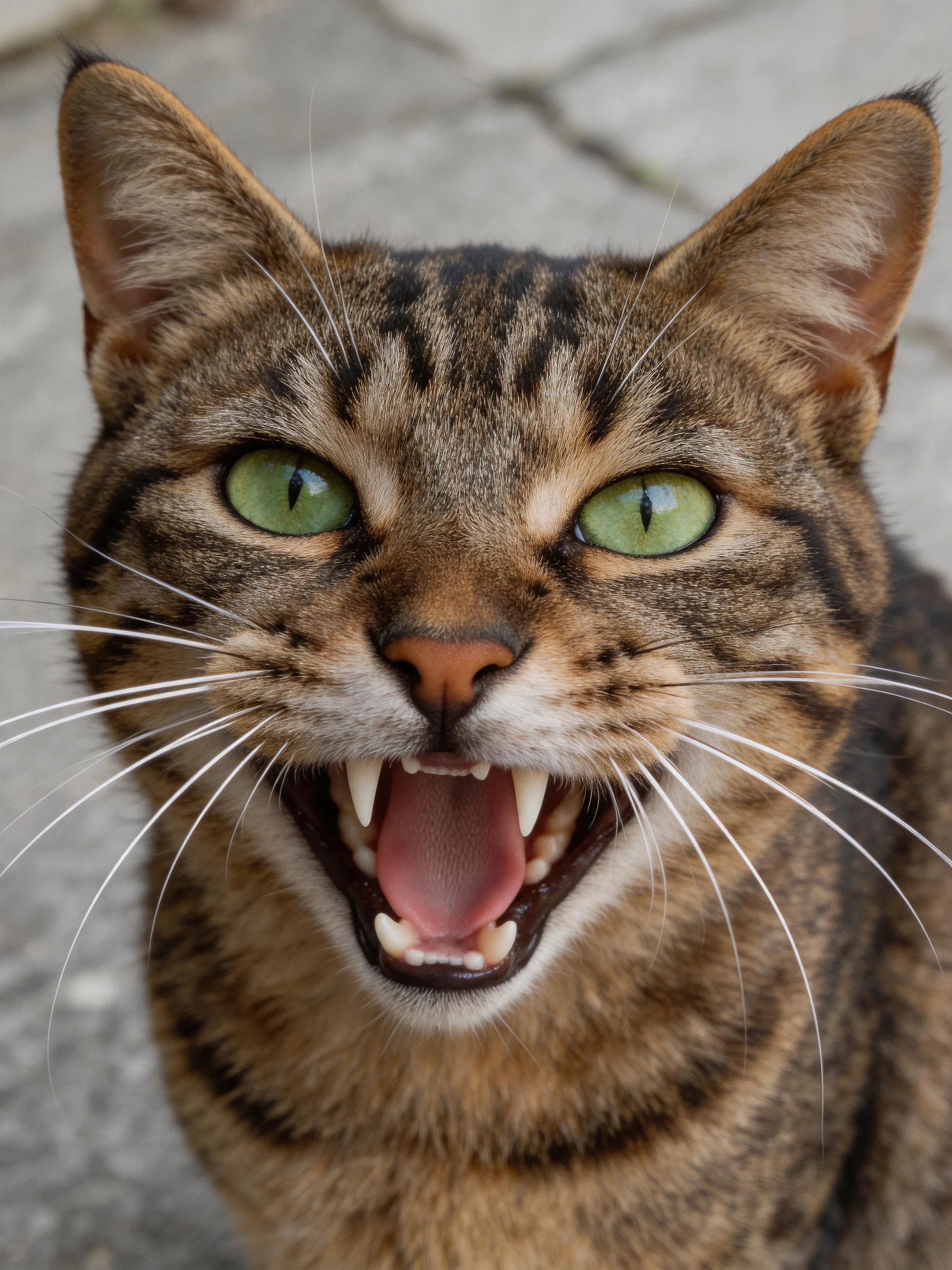 Tabby cat with green eyes reveals open mouth outdoors