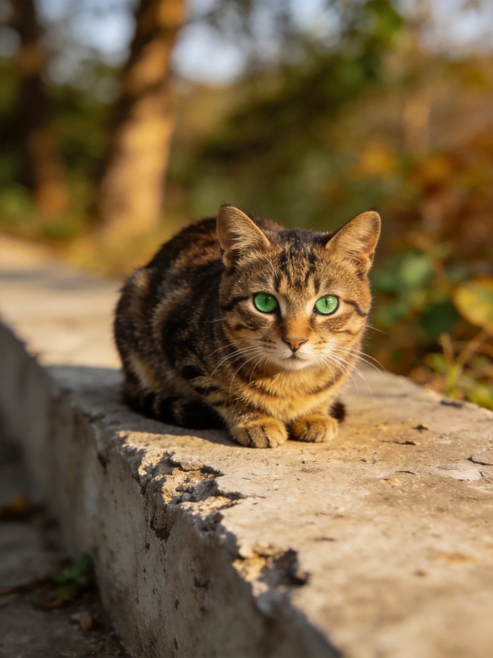 Tabby cat with green eyes sits on a weathered concrete ledge in an outdoor area.
