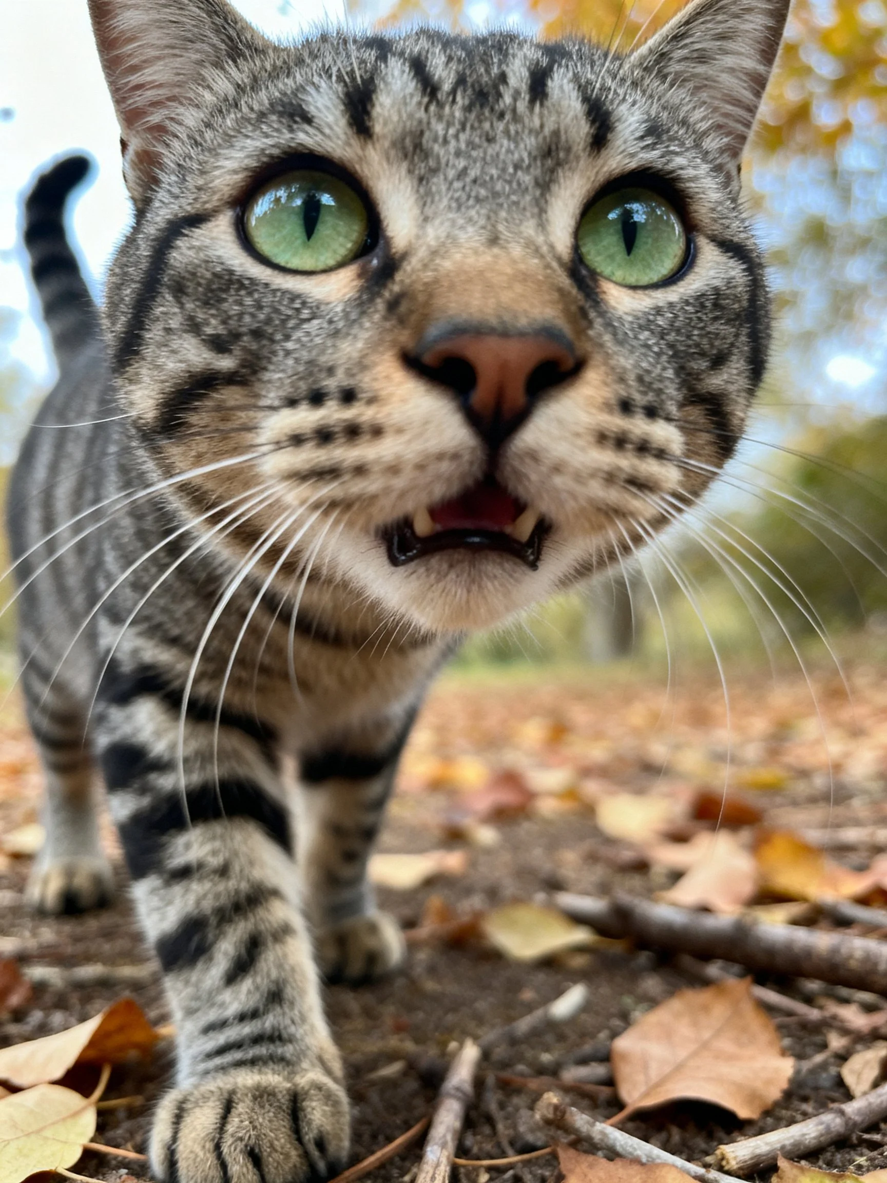 A tabby cat with striking green eyes explores a leafy autumn landscape.