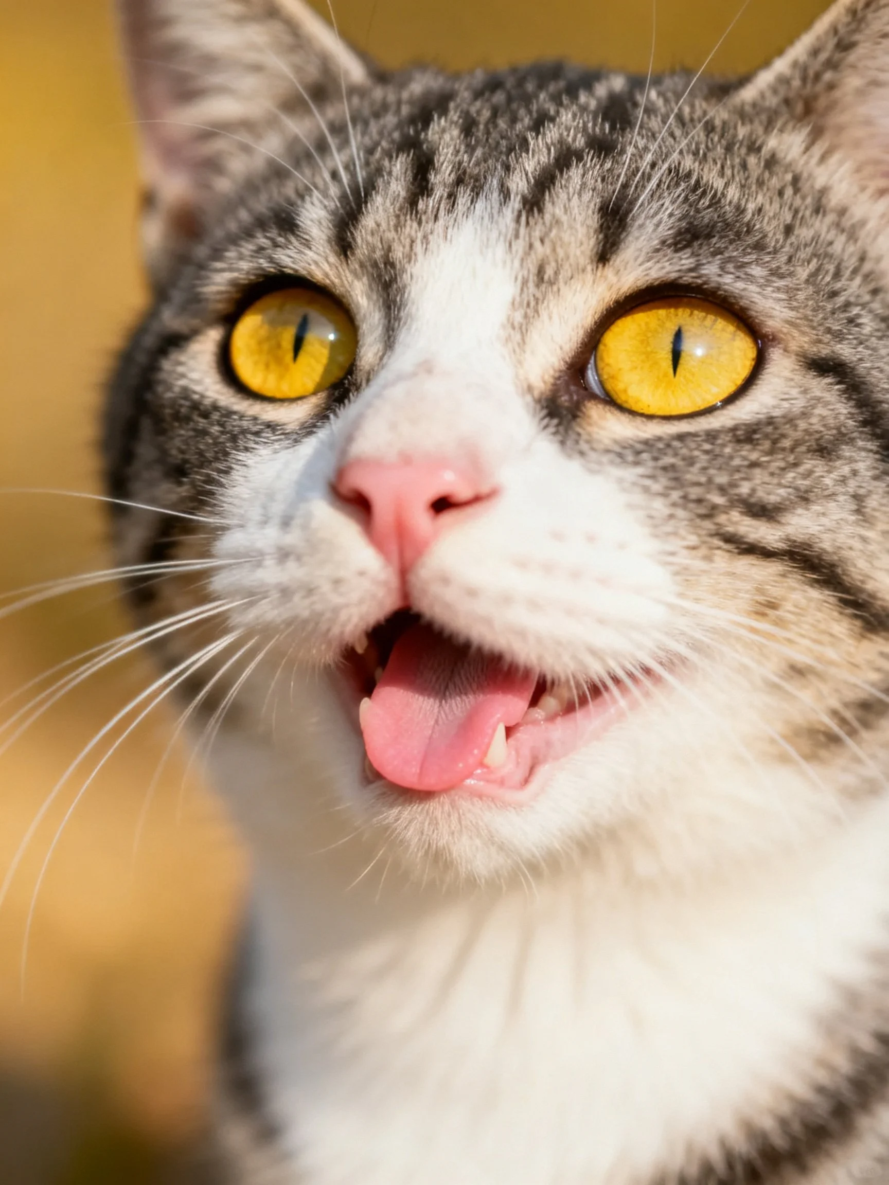 Close - up of a tabby cat displaying its tongue with vivid yellow eyes