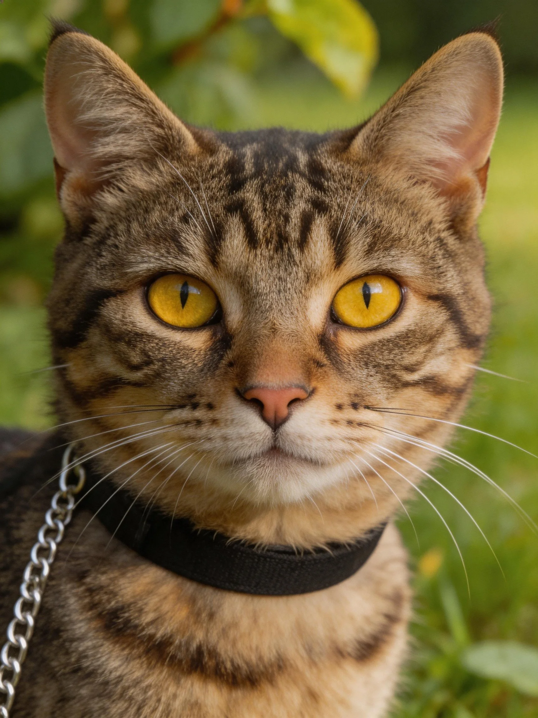 A tabby cat with bright yellow eyes and a black collar stands near green foliage.