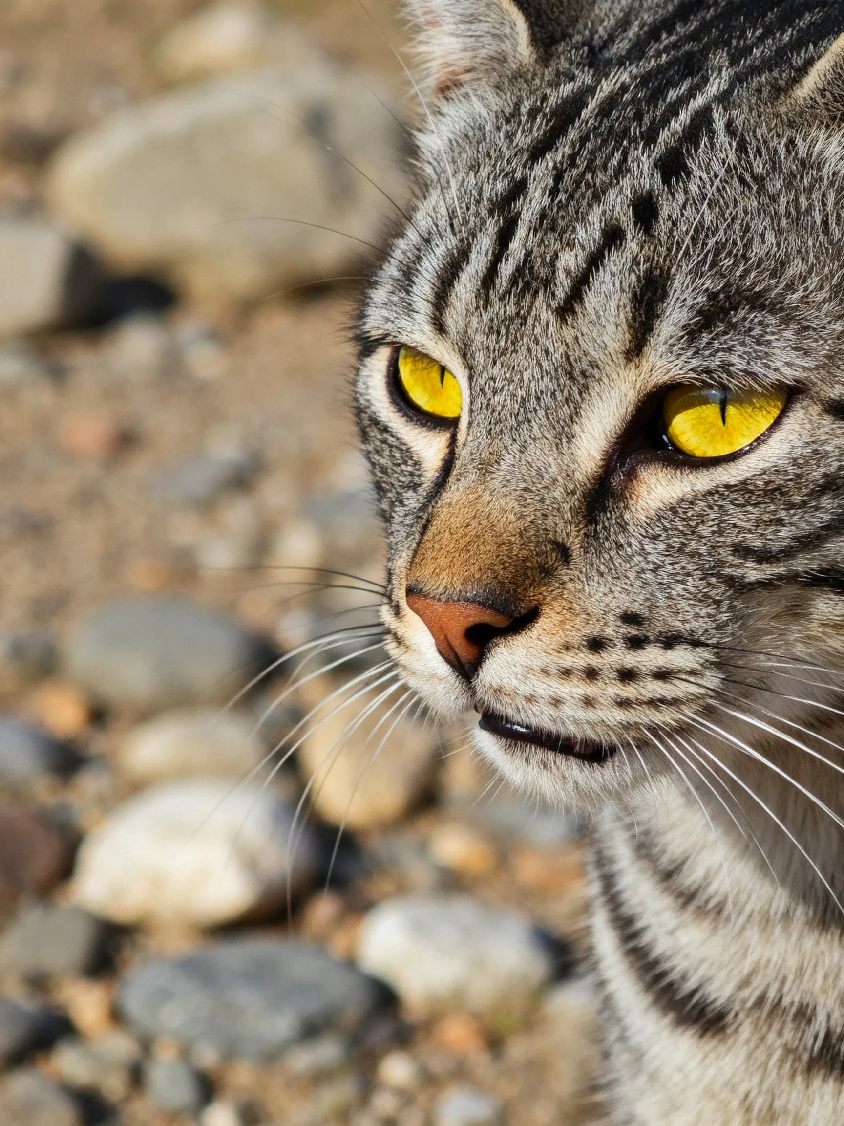 A close - up of a tabby cat with yellow eyes near rocks