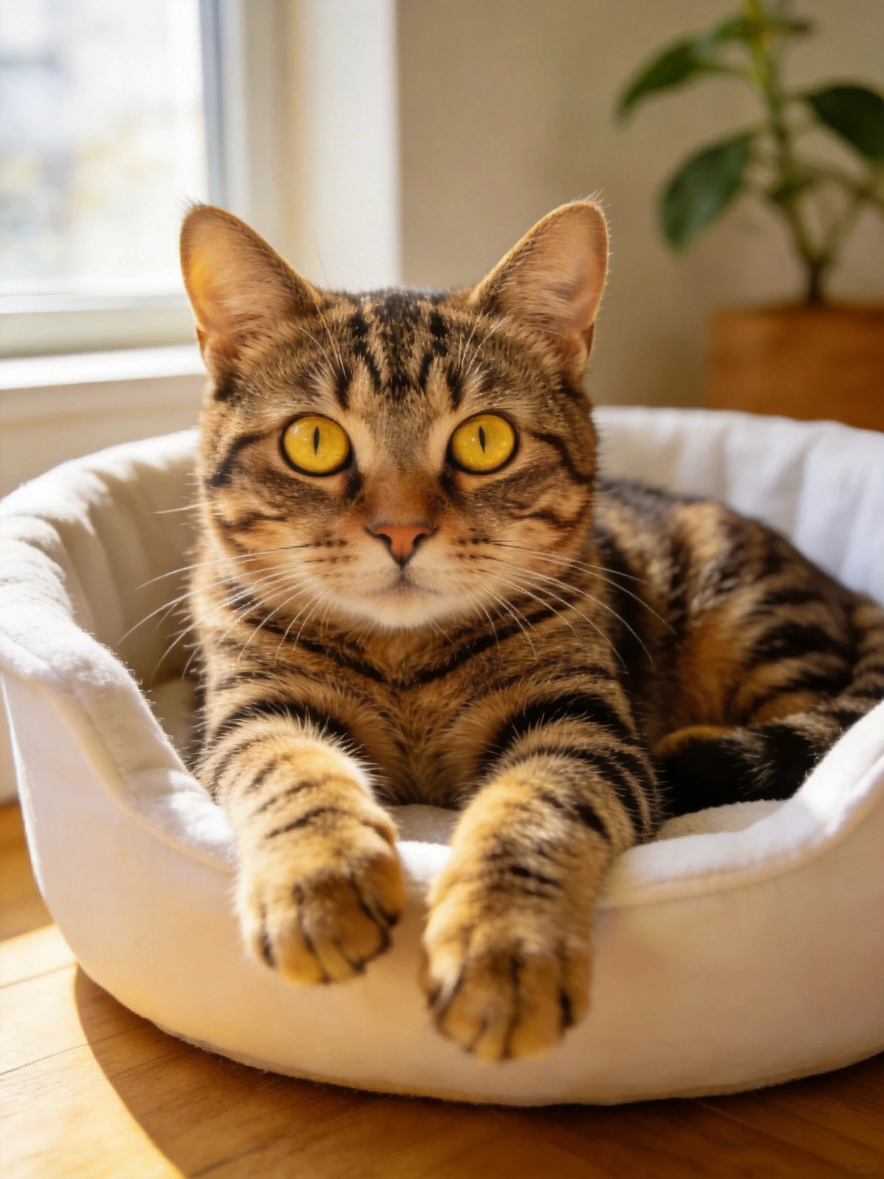 Tabby cat with bright yellow eyes nestled in a white bed