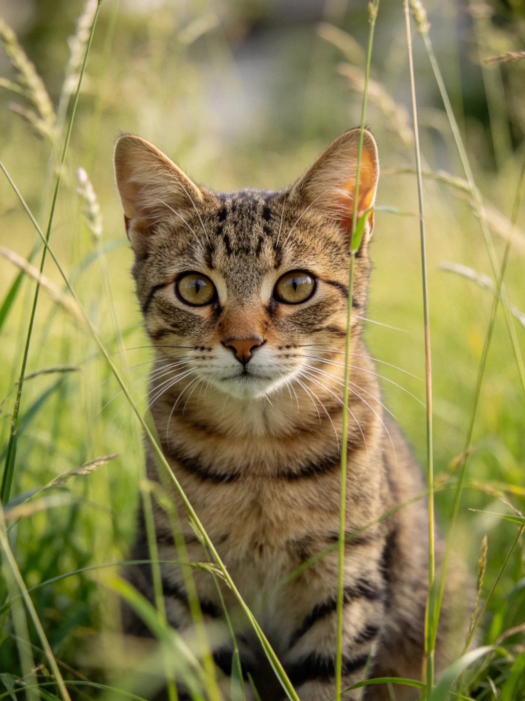 Tabby cat with brown stripes in tall green grass