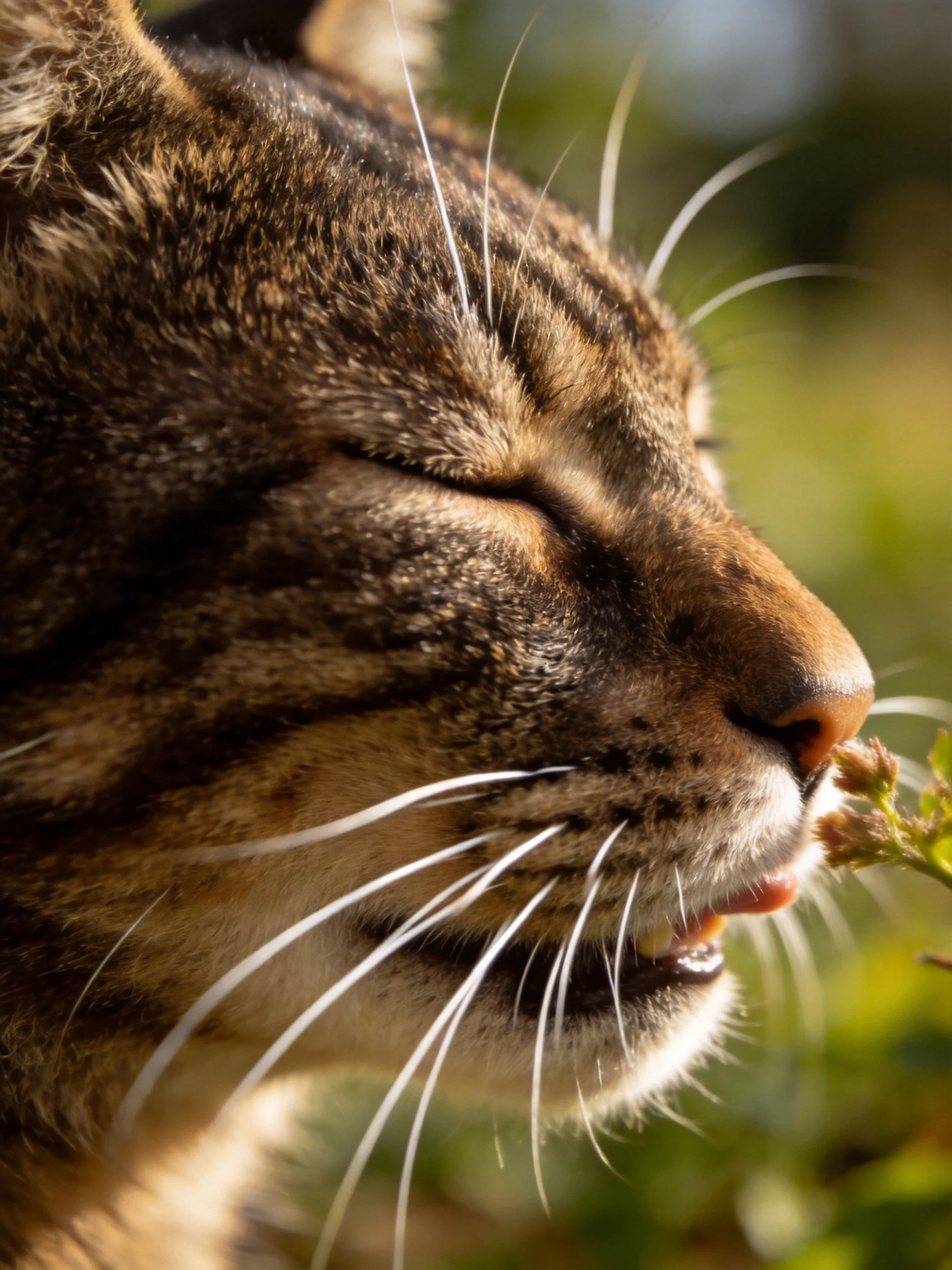 Tabby cat with closed eyes sniffing a small flower in natural light