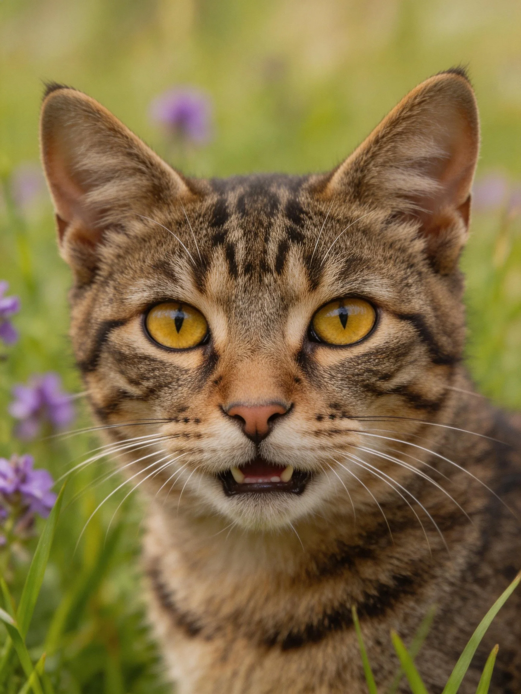 A tabby cat with golden eyes is among purple flowers and green grass.