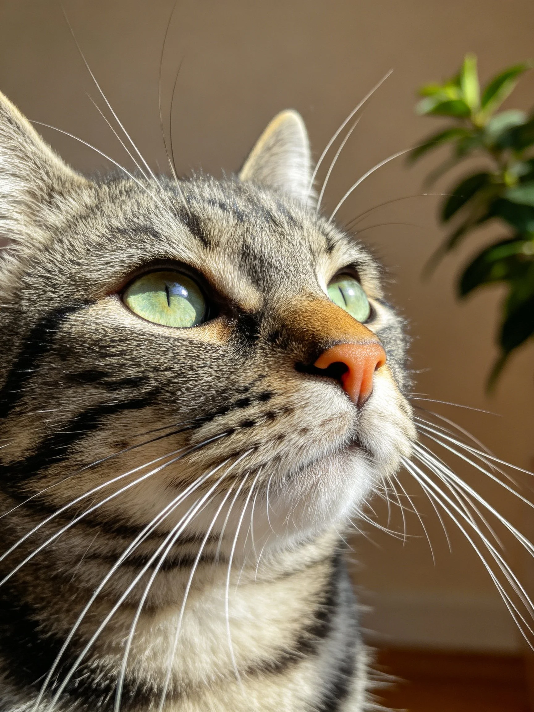A tabby cat with green eyes looks upward near a leafy plant