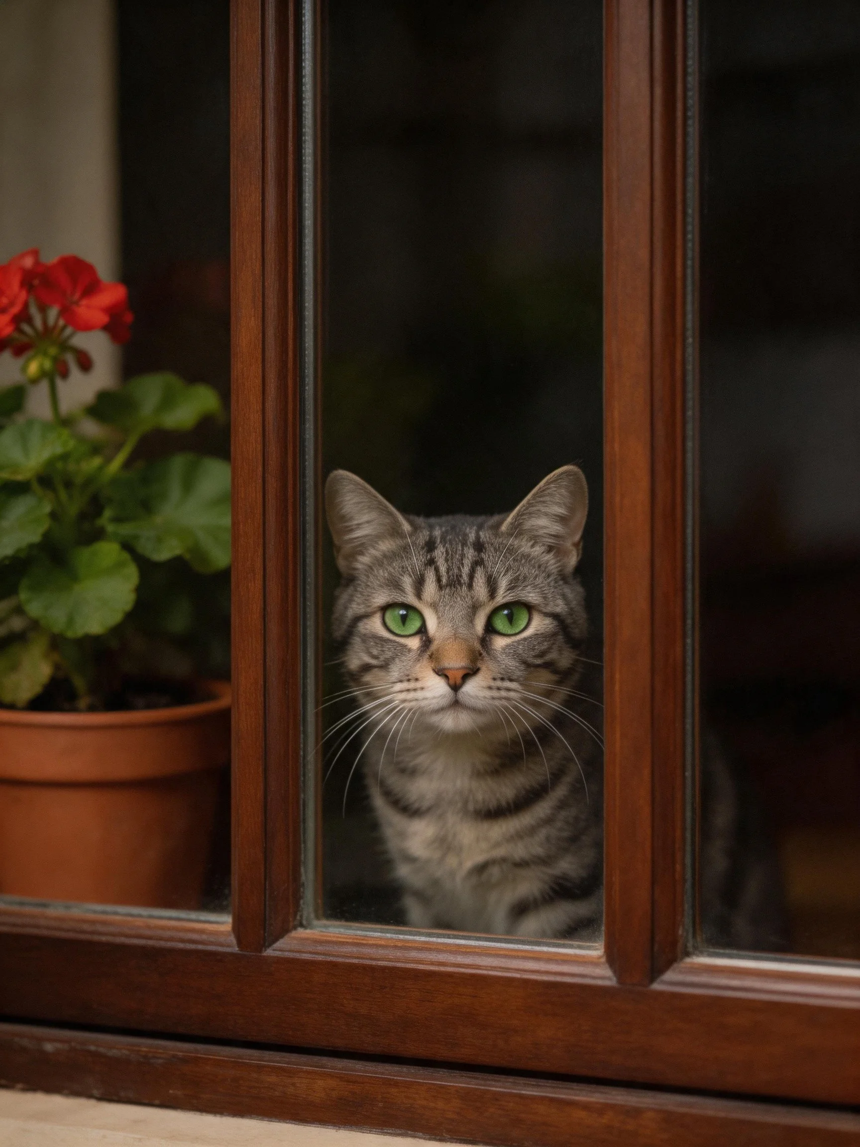 Tabby cat with green eyes at wooden window near potted red flowers