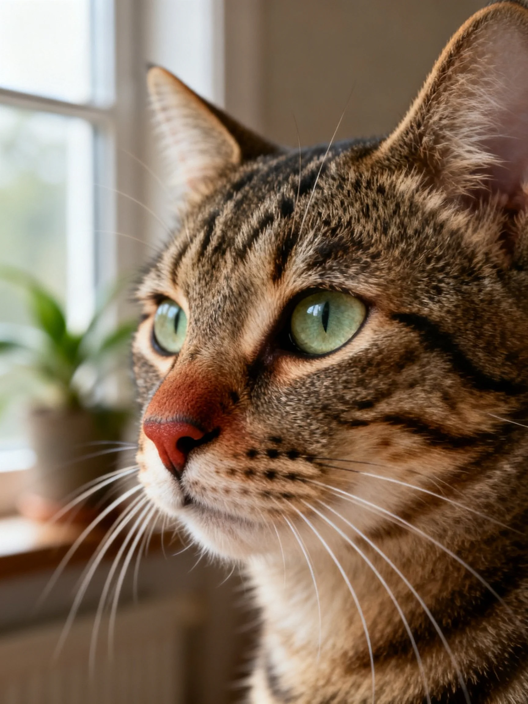 Close - up of a tabby cat with green eyes positioned by a sunlit window.