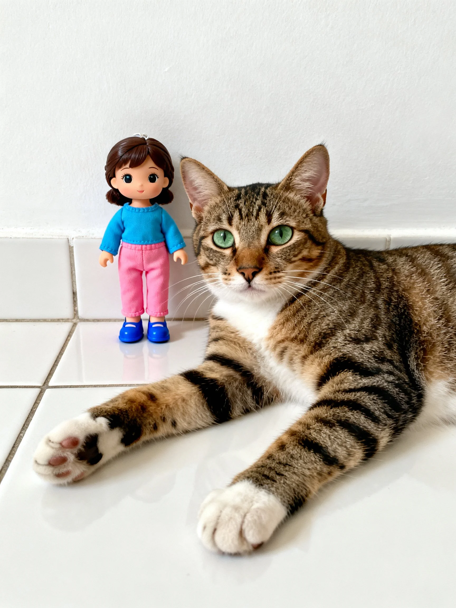 Tabby cat with green eyes lies near a small doll on white tiled flooring