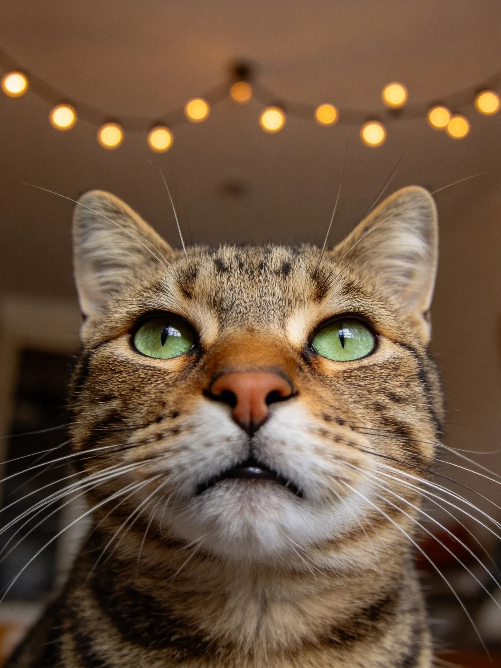 A tabby cat gazes upward beside softly lit string lights.