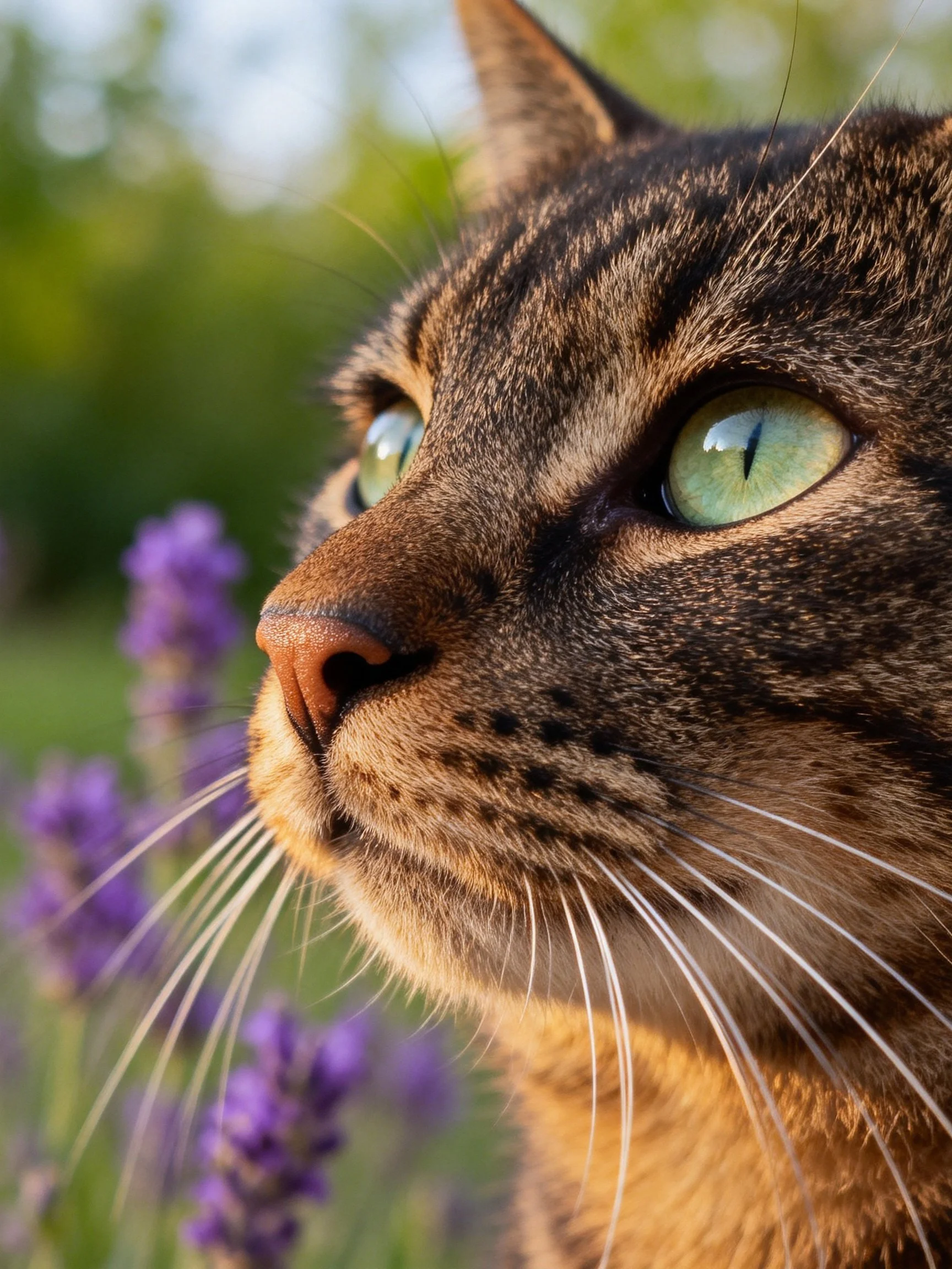 Tabby cat with green eyes is near purple lavender blooms in an outdoor setting.