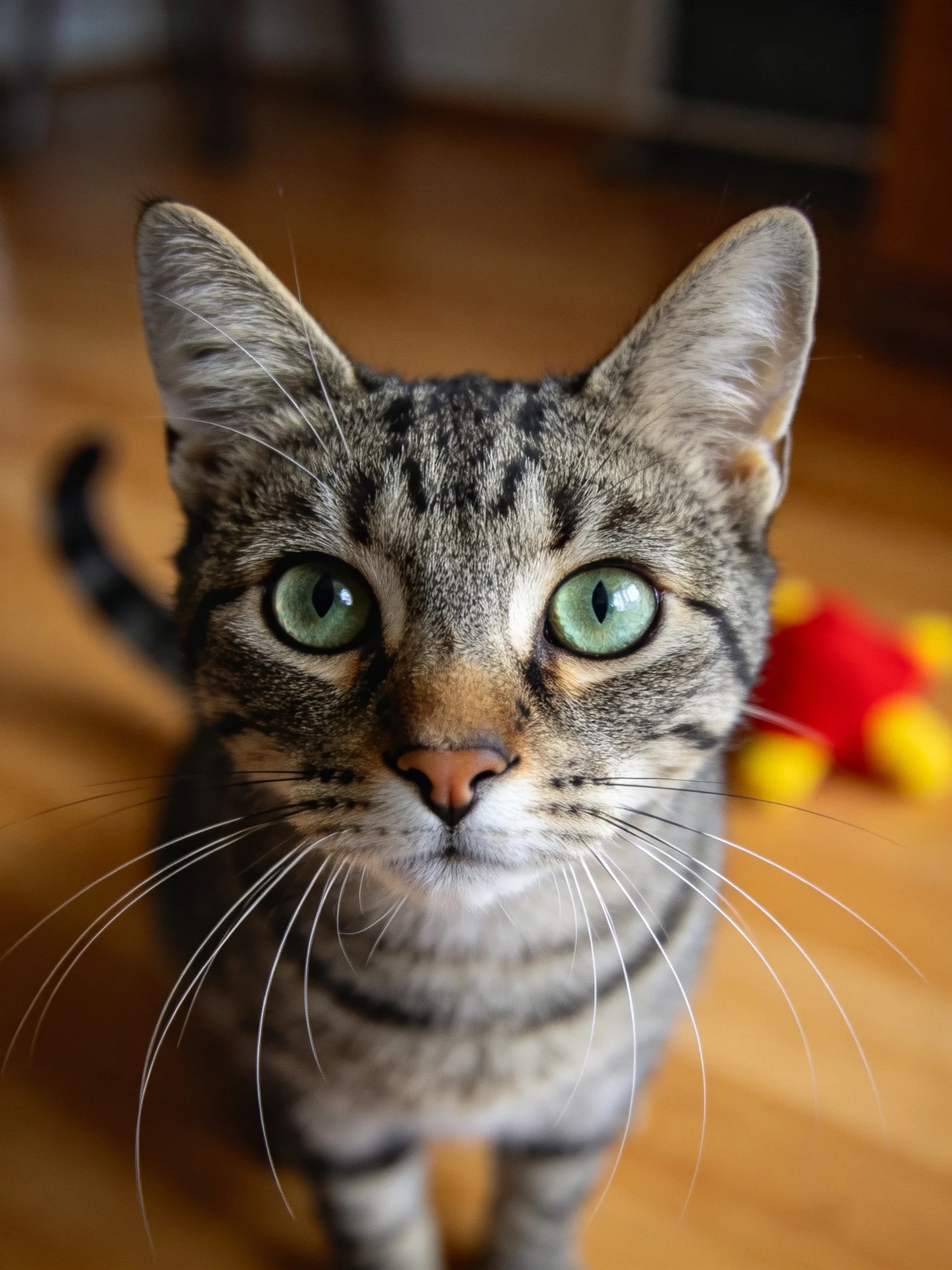 Tabby cat with green eyes near red-yellow toy on wooden floor