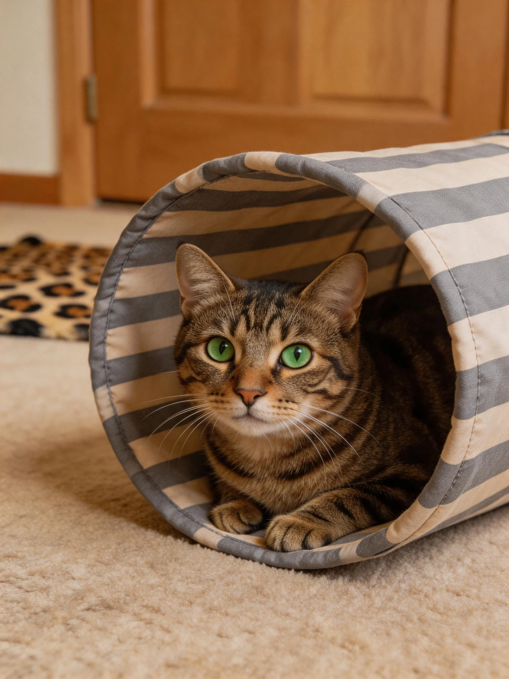 Tabby cat with green eyes nestled in gray-and-white striped fabric tunnel