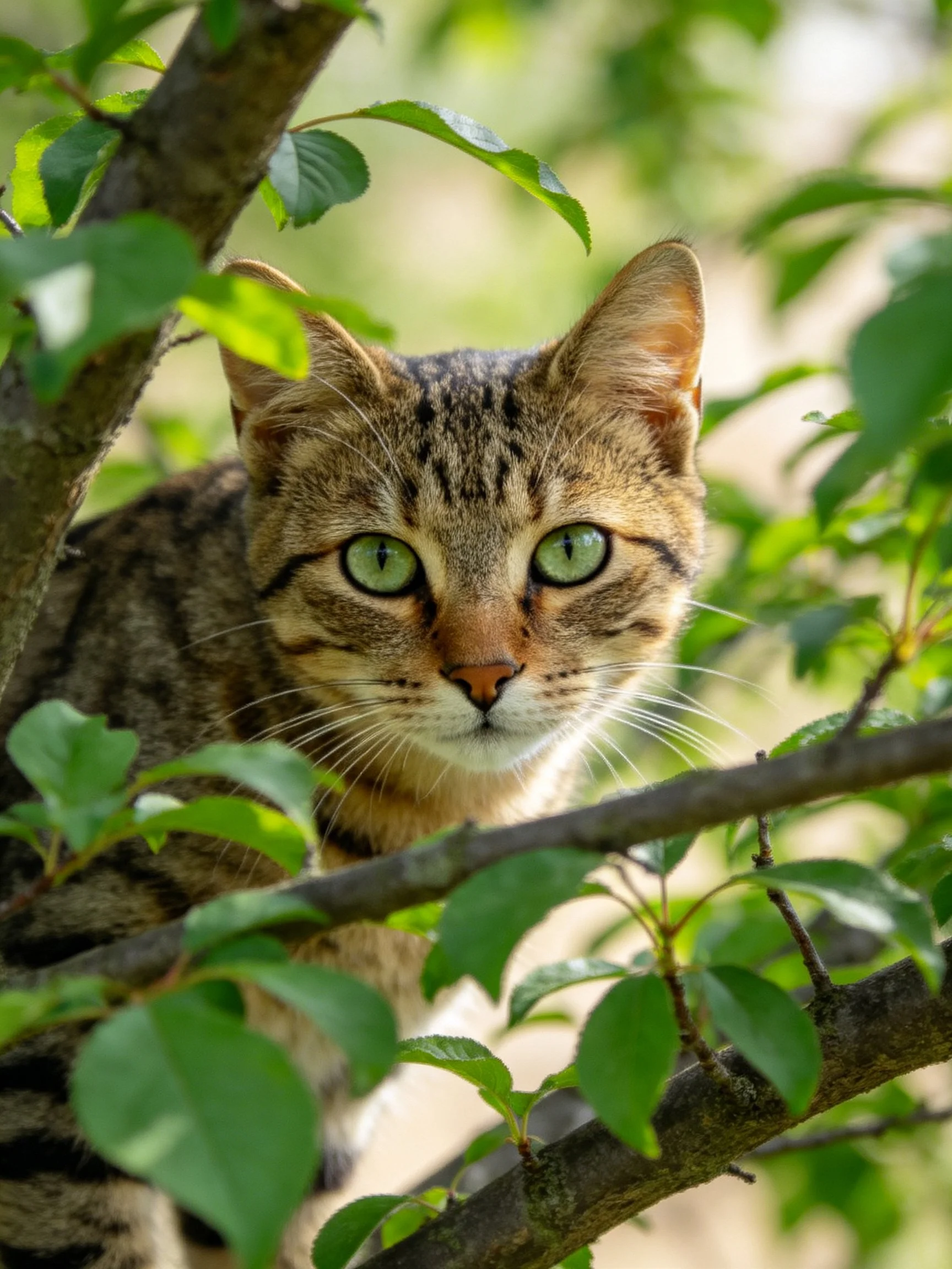 Tabby cat with green eyes nestled in leafy branches