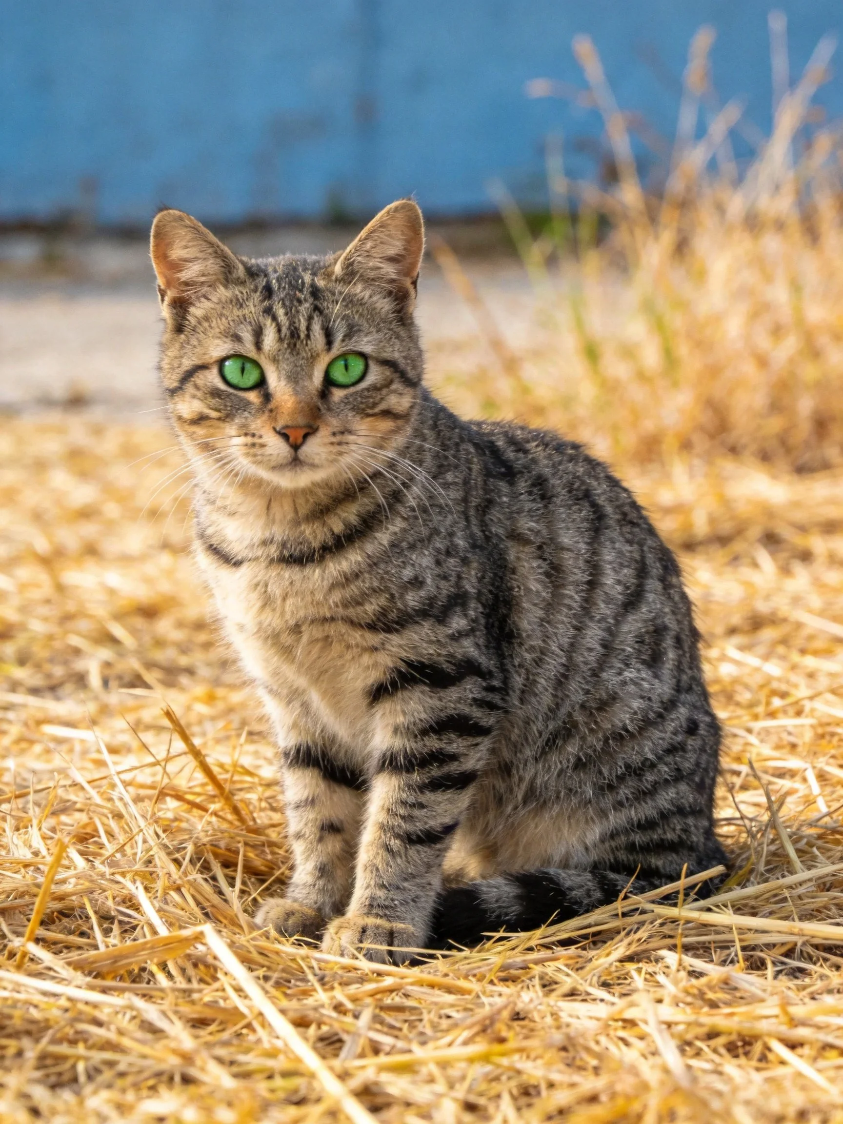 Tabby cat with green eyes on golden straw
