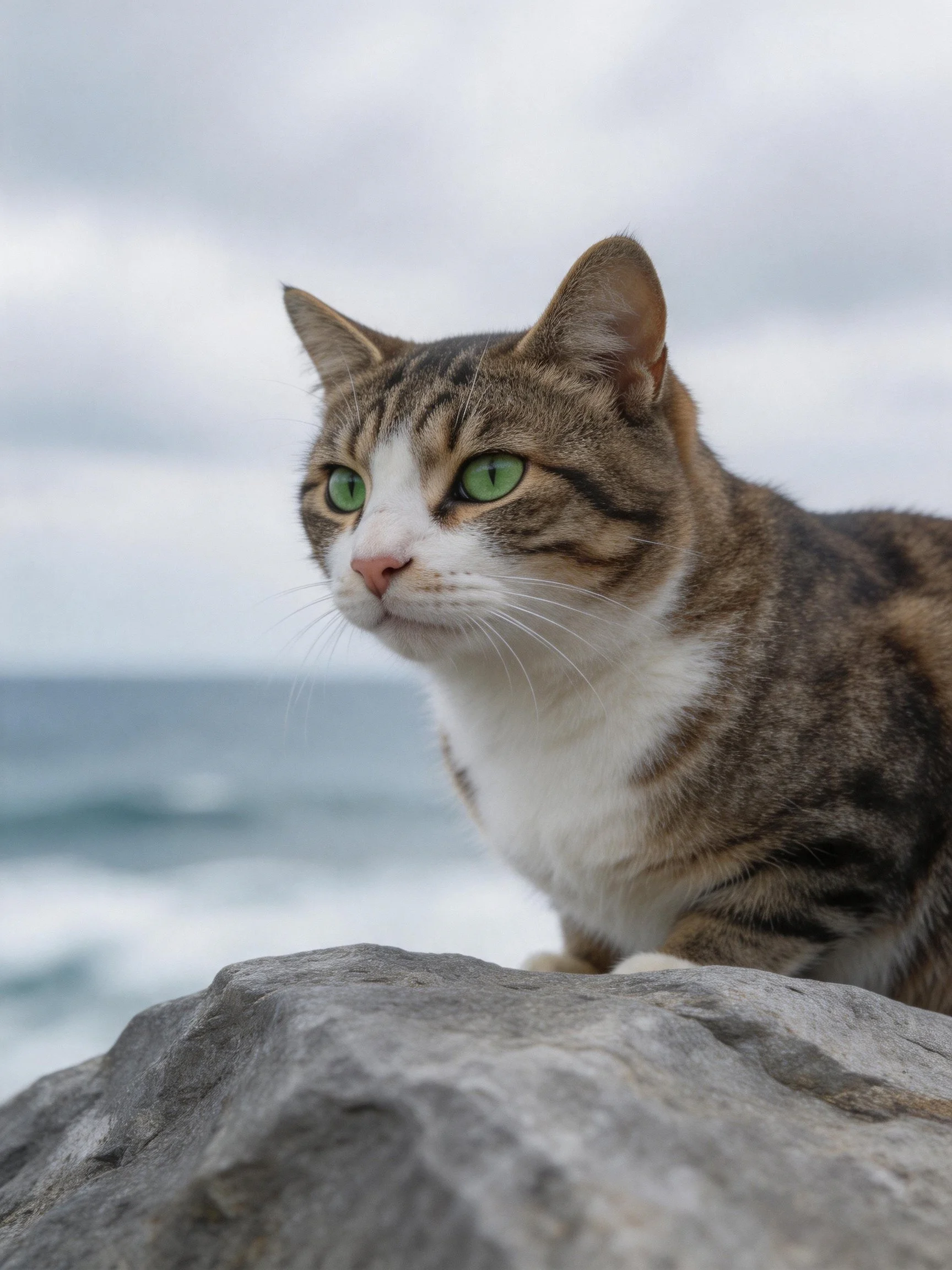 Tabby cat with green eyes perched on a coastal rock near the water