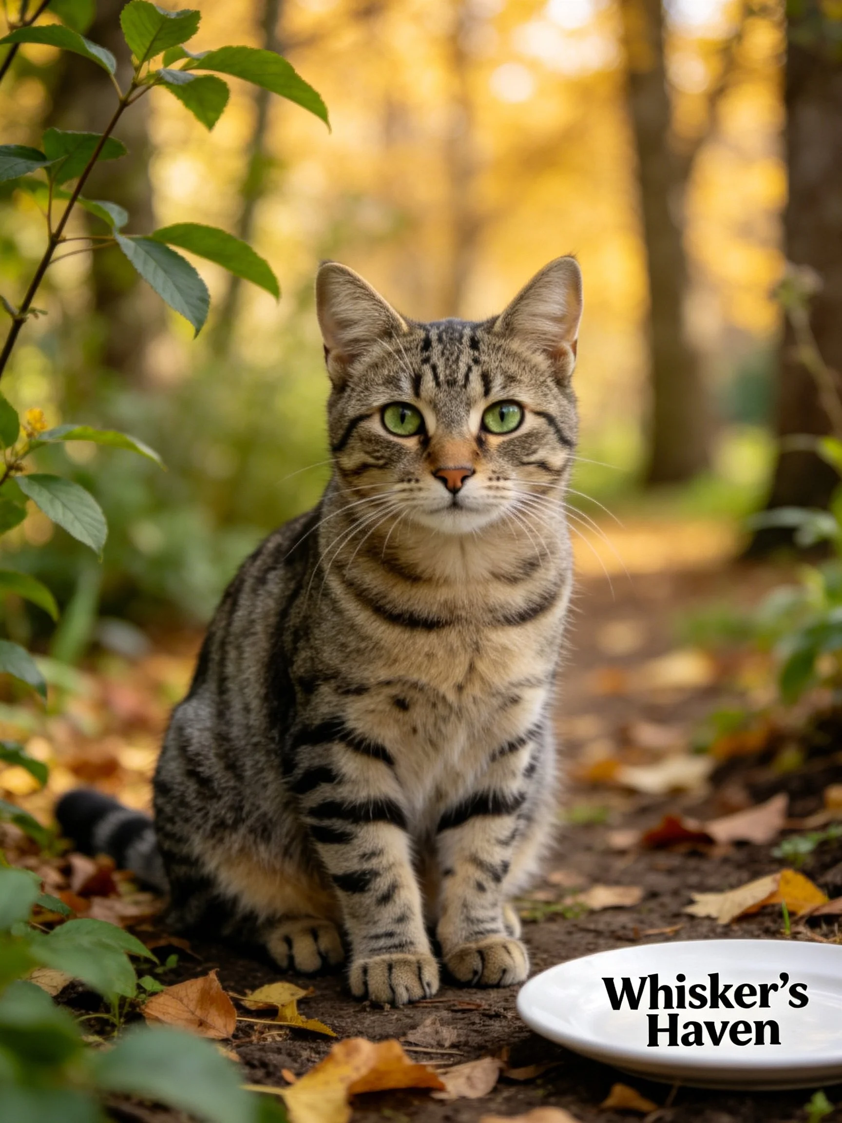 Tabby cat with green eyes sits near Whiskers Haven sign in forest
