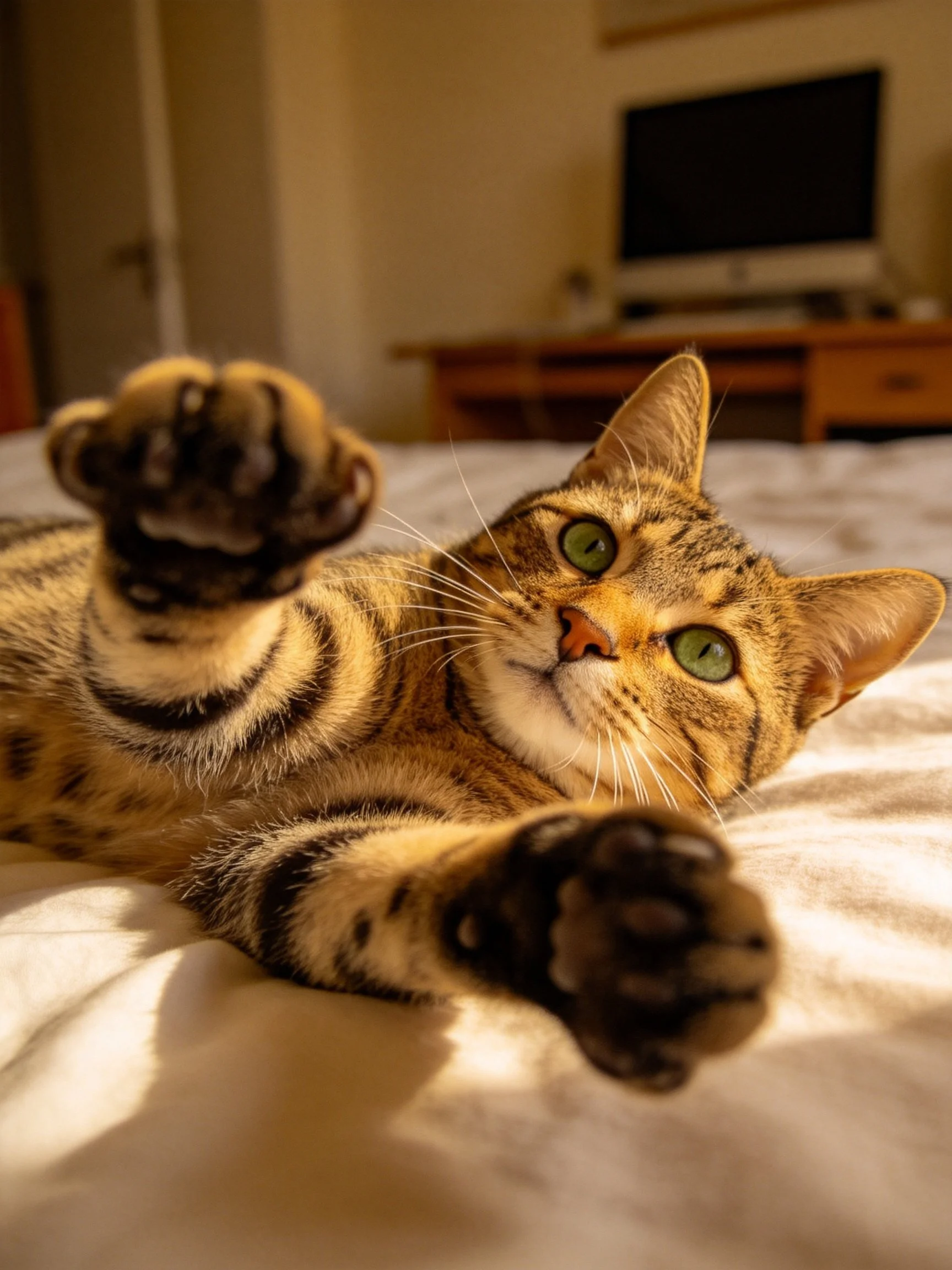 Tabby cat with green eyes stretches paws on sunlit bed