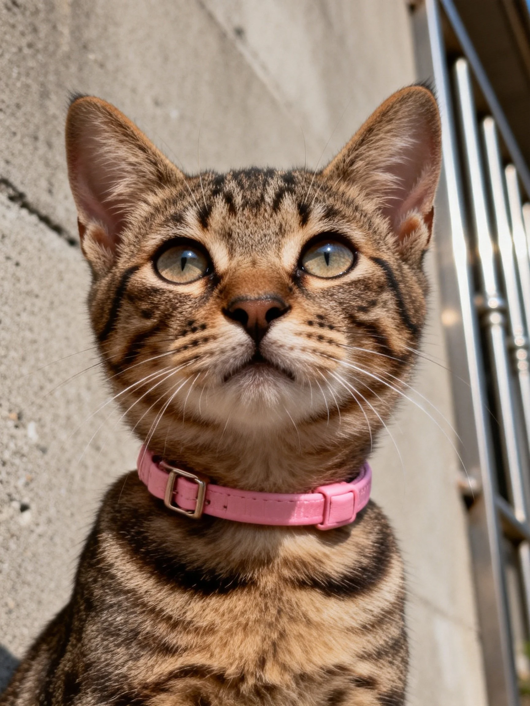 Tabby cat with pink collar near concrete wall