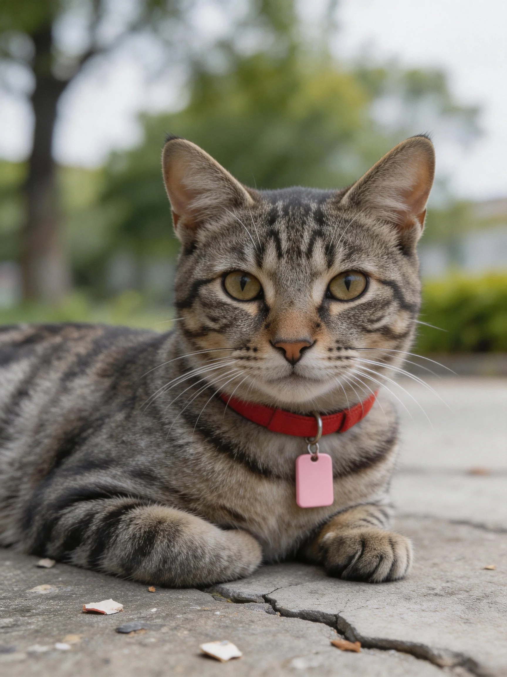 A tabby cat with a red collar rests on cracked pavement in an outdoor area with greenery.