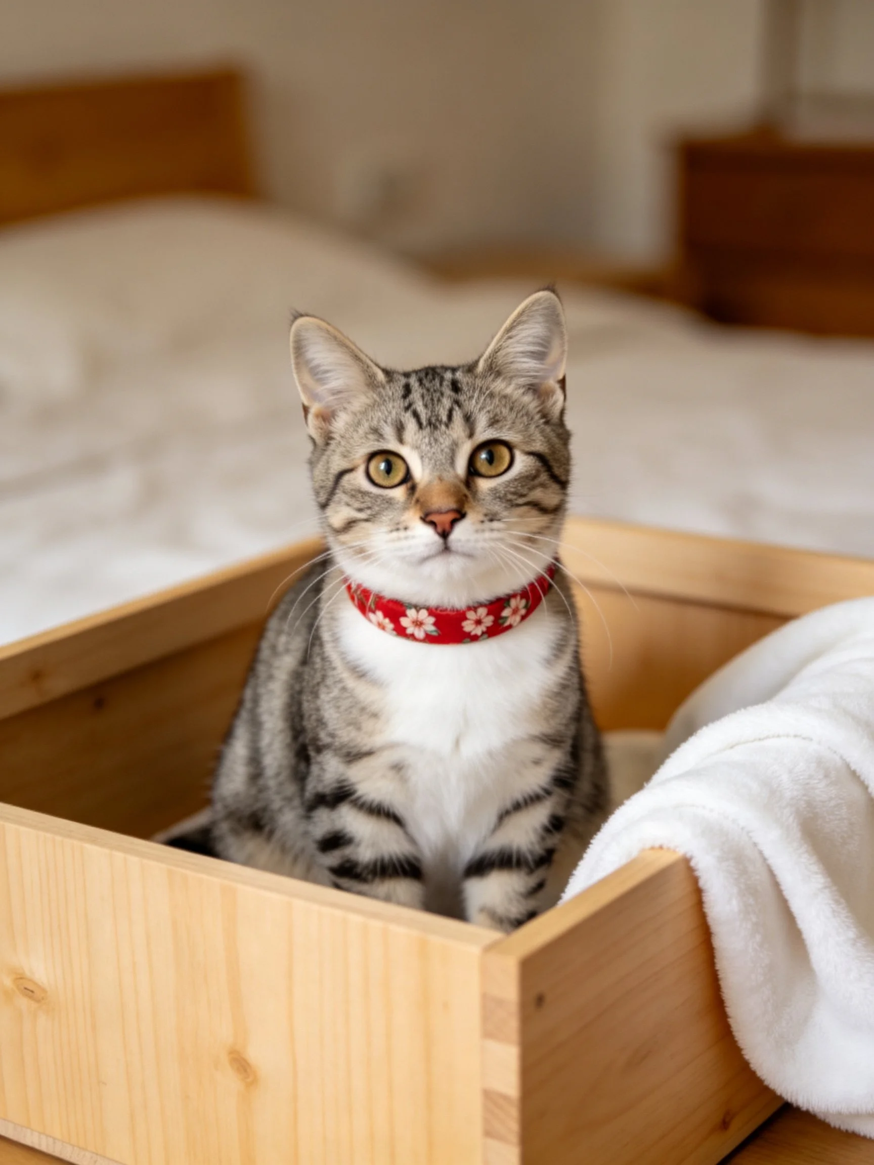 Tabby cat with red floral collar sits in wooden box near white fabric