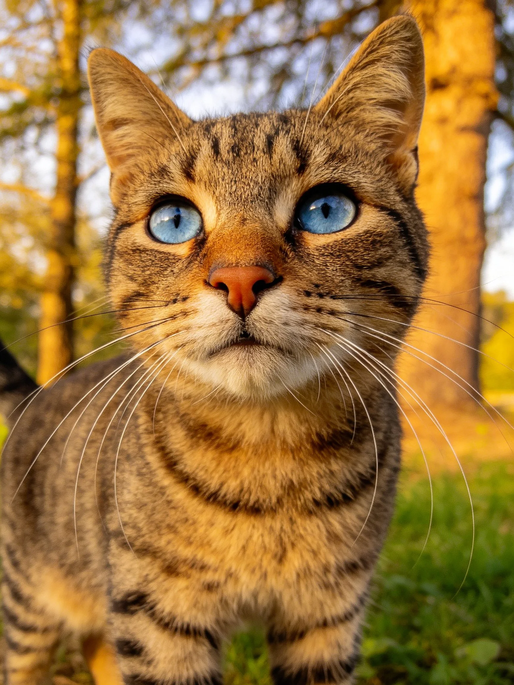 Tabby cat with striking blue eyes in a sunlit forest clearing