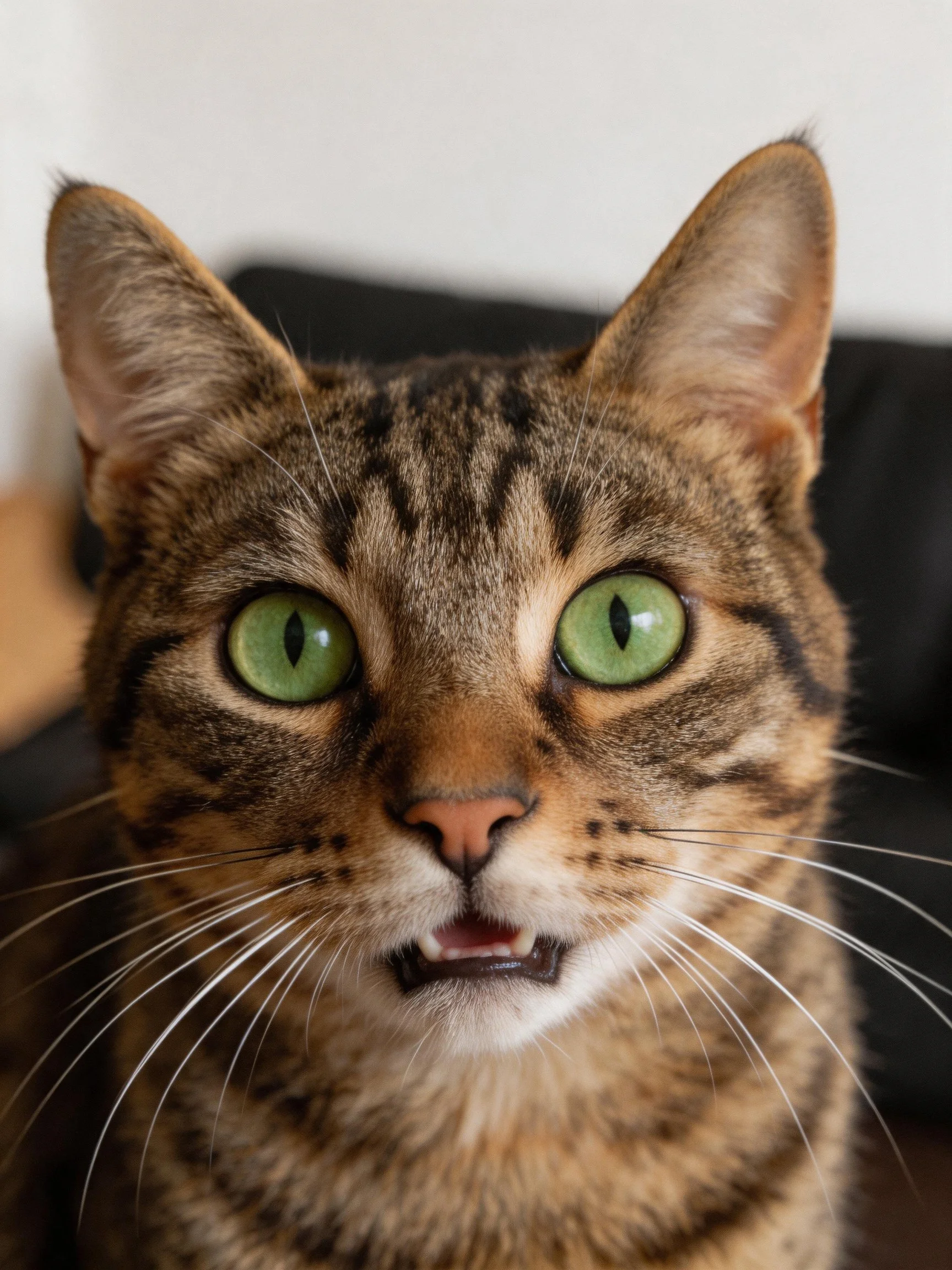 Tabby cat with striking green eyes and patterned fur