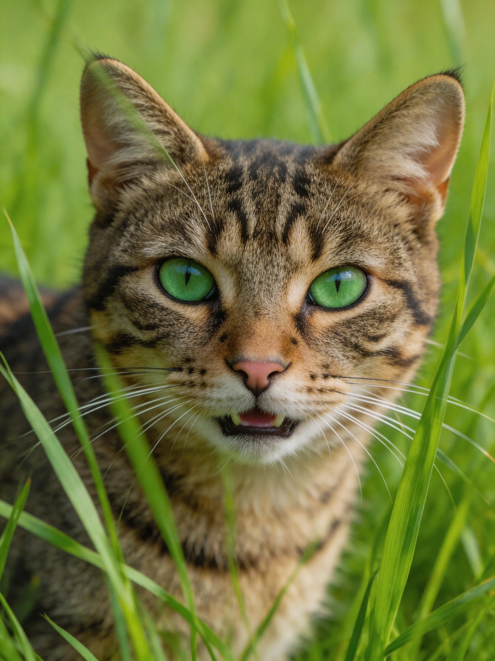 Tabby cat with striking green eyes in lush grass