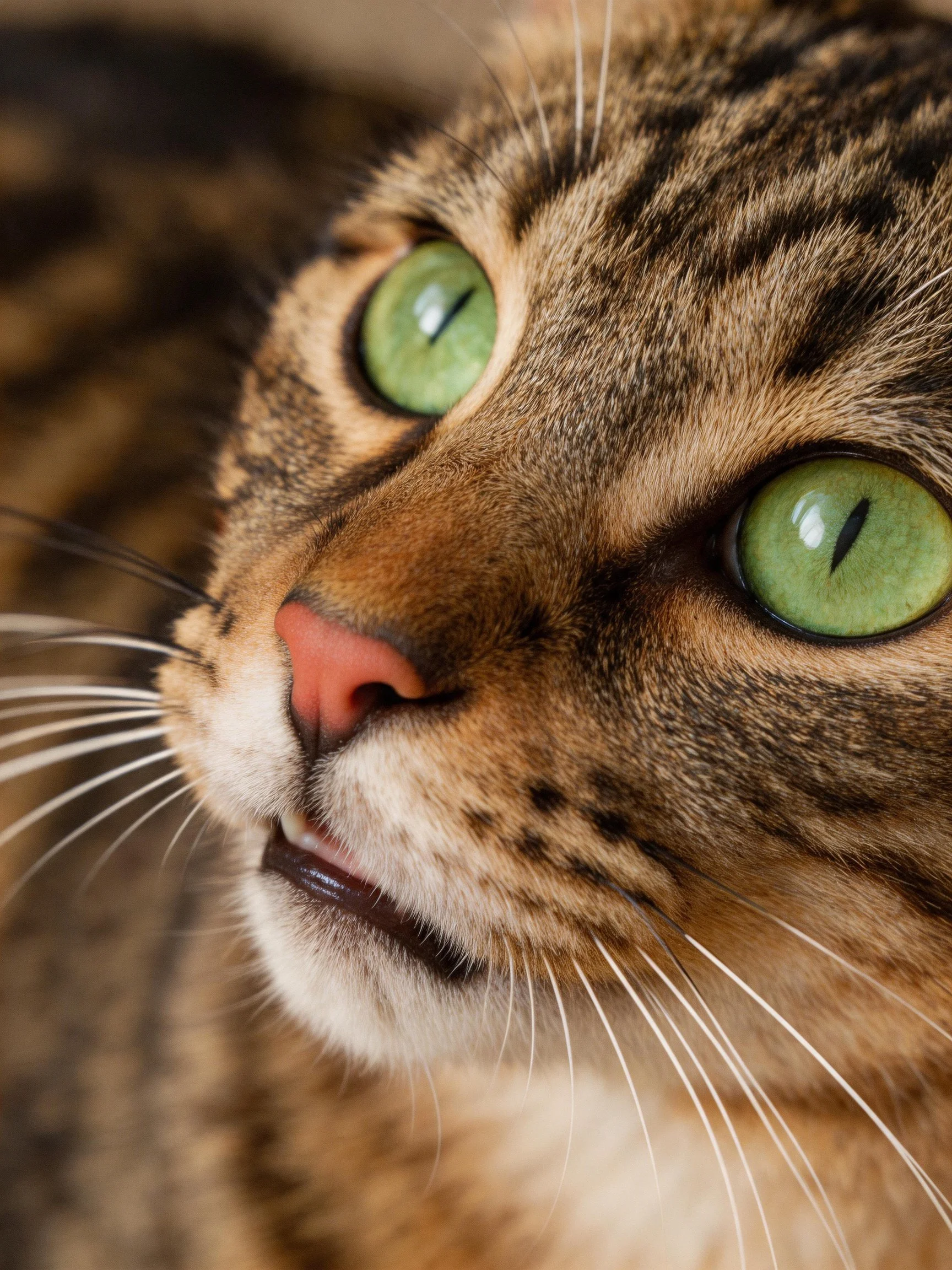 Close - up of a tabby cat with striking green eyes and fur patterns.