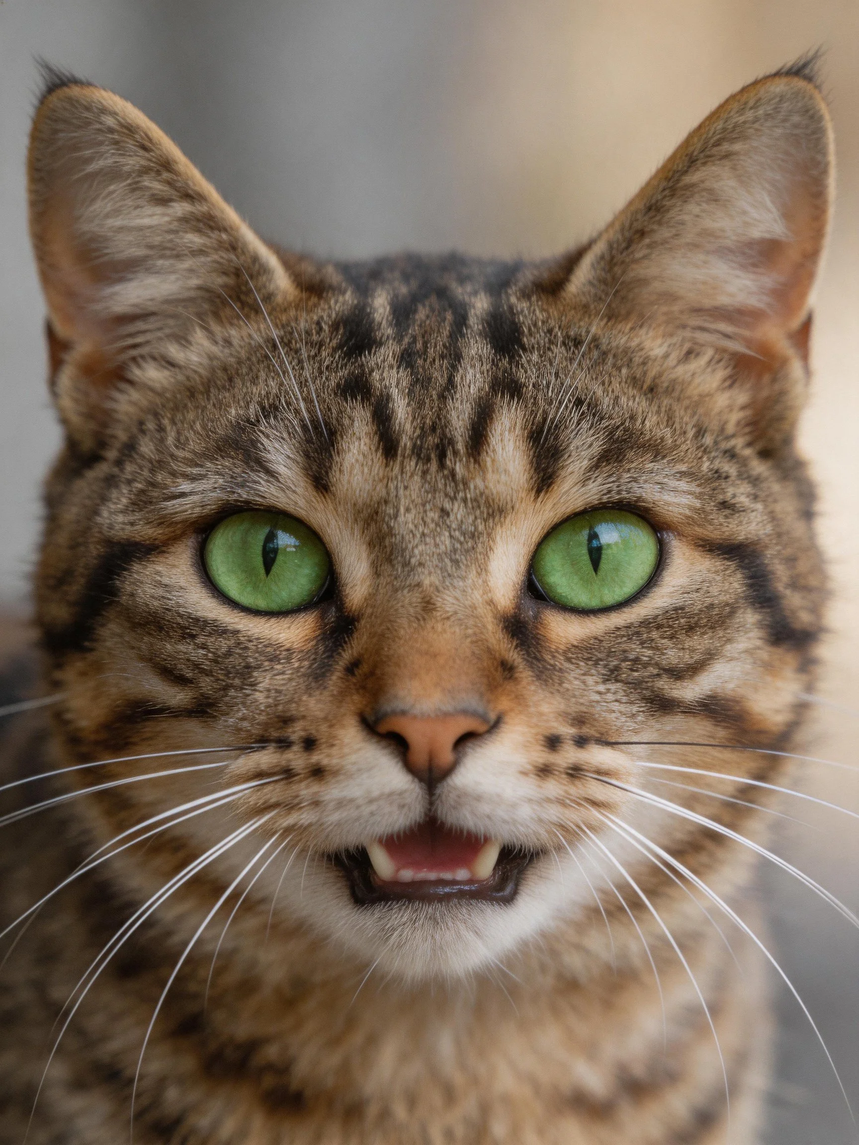 Close - up of a tabby cat displaying vivid green eyes.