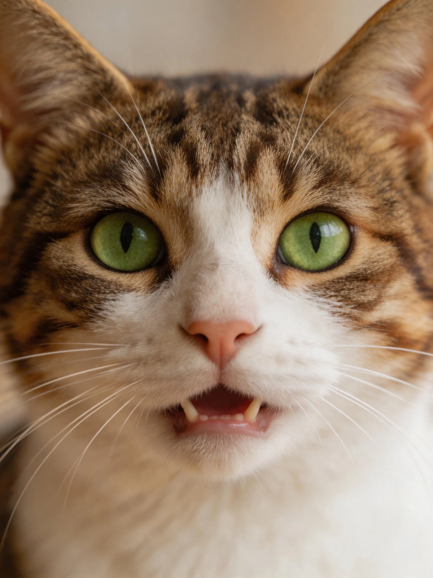Close - up of a tabby cat with green eyes and an open mouth.