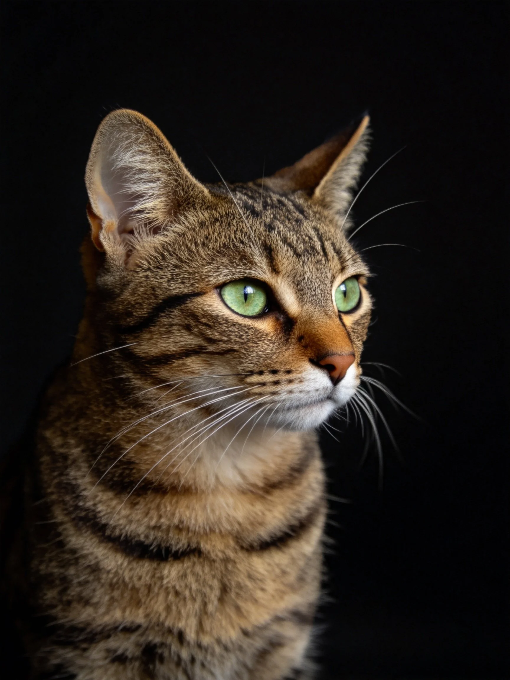 A tabby cat with striking green eyes stands out against a dark backdrop.