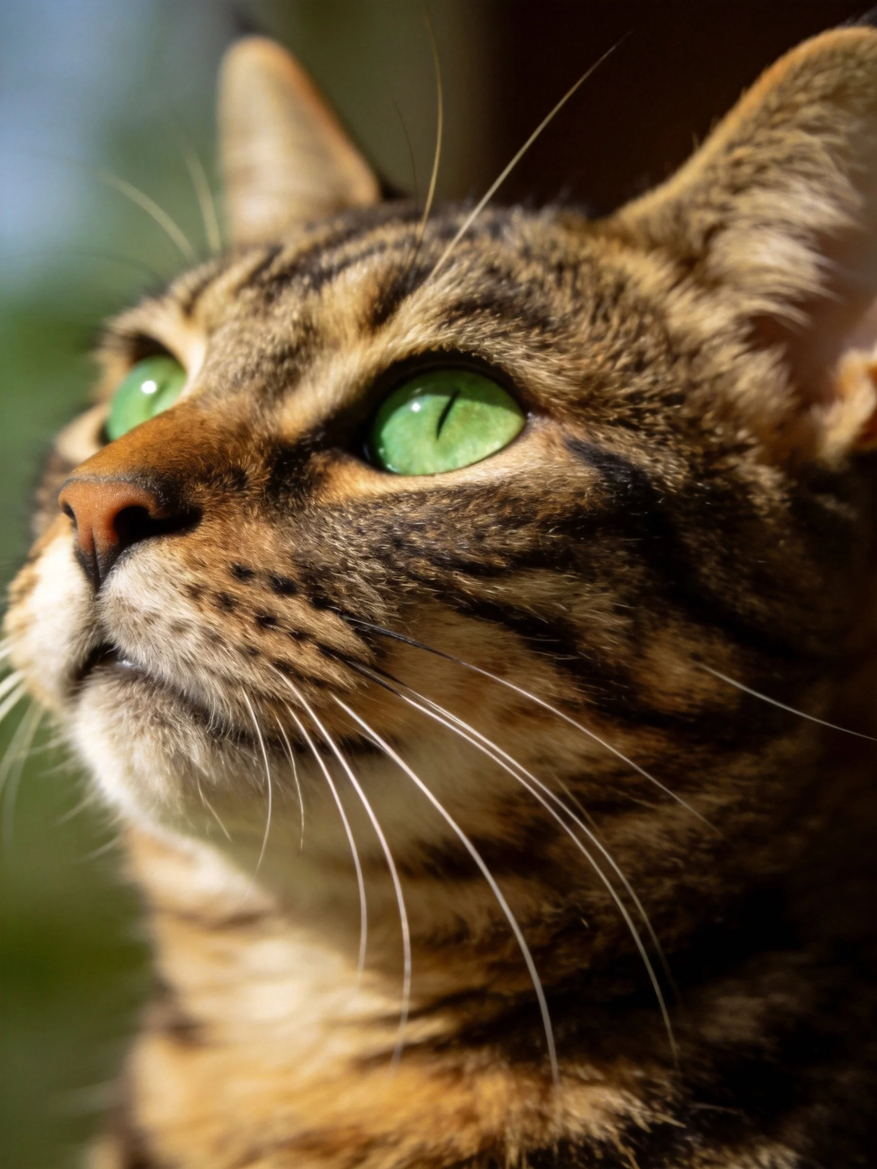 A tabby cat with green eyes is depicted in a close-up photograph highlighting its facial features
