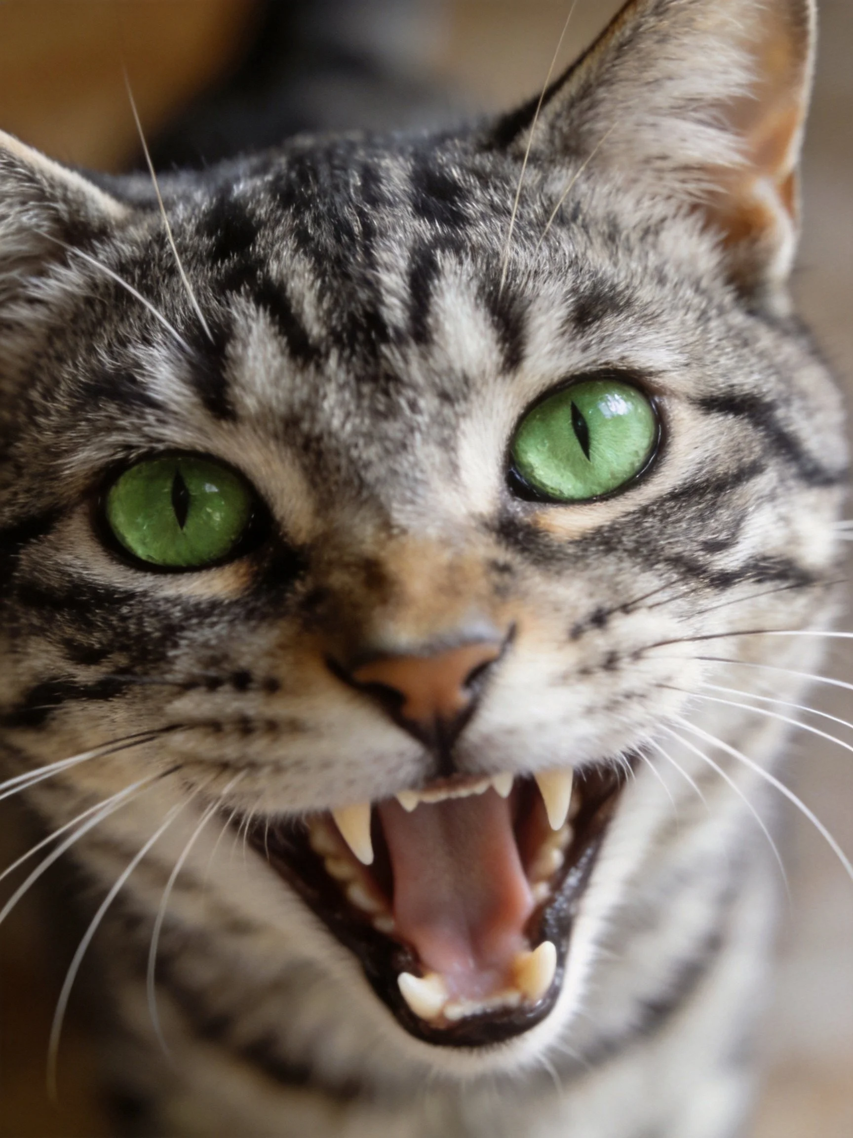 A tabby cat with green eyes shows an aggressive facial expression.