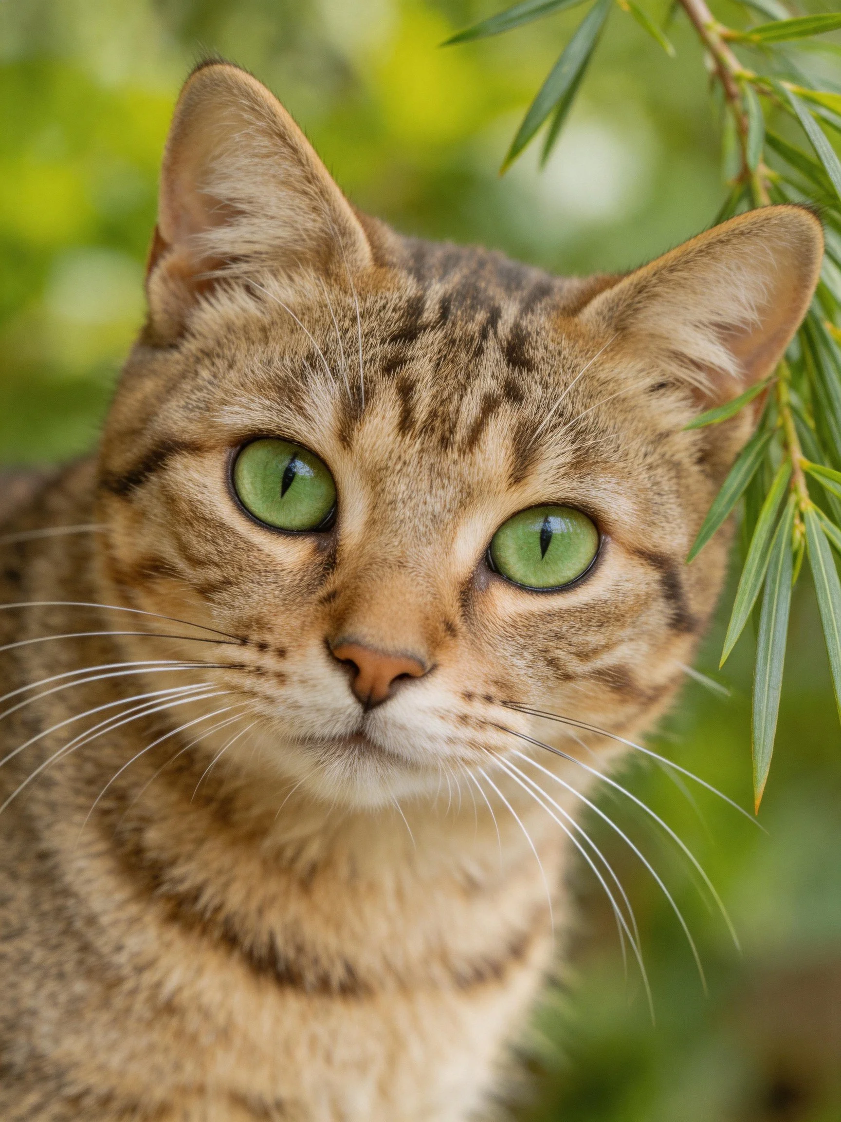 Tabby cat with vivid green eyes sits near leafy branches.