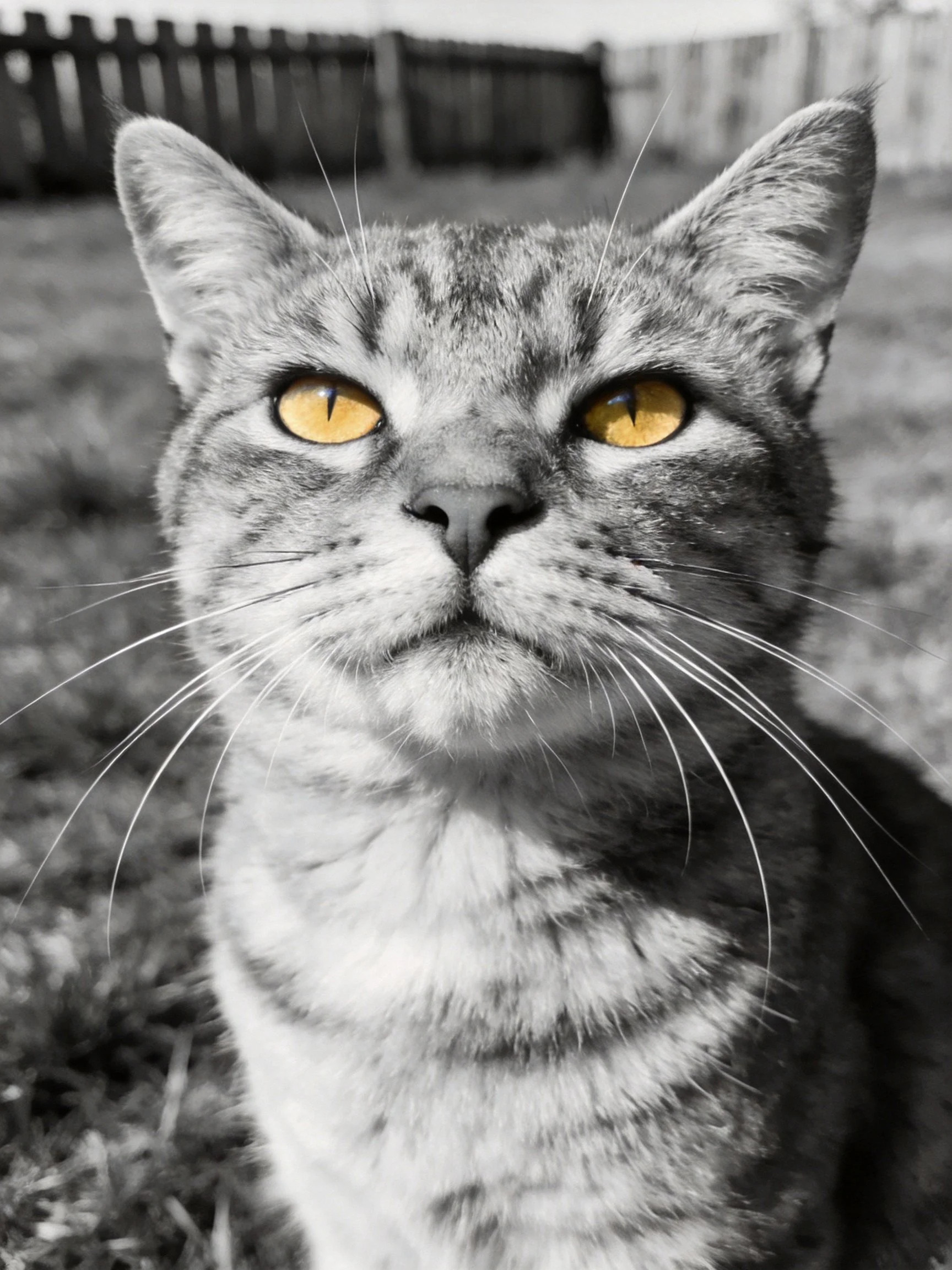 Tabby cat with bright yellow eyes contrasts against monochrome outdoor backdrop