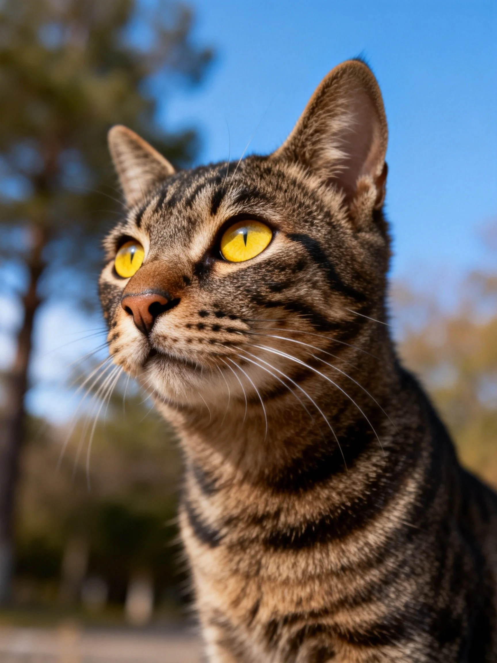 Close - up of a tabby cat with bright yellow eyes amid a blurred natural landscape.