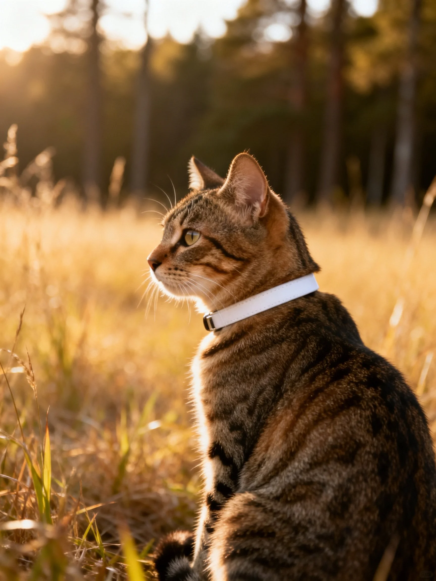 Tabby cat with white collar in golden grass near forest