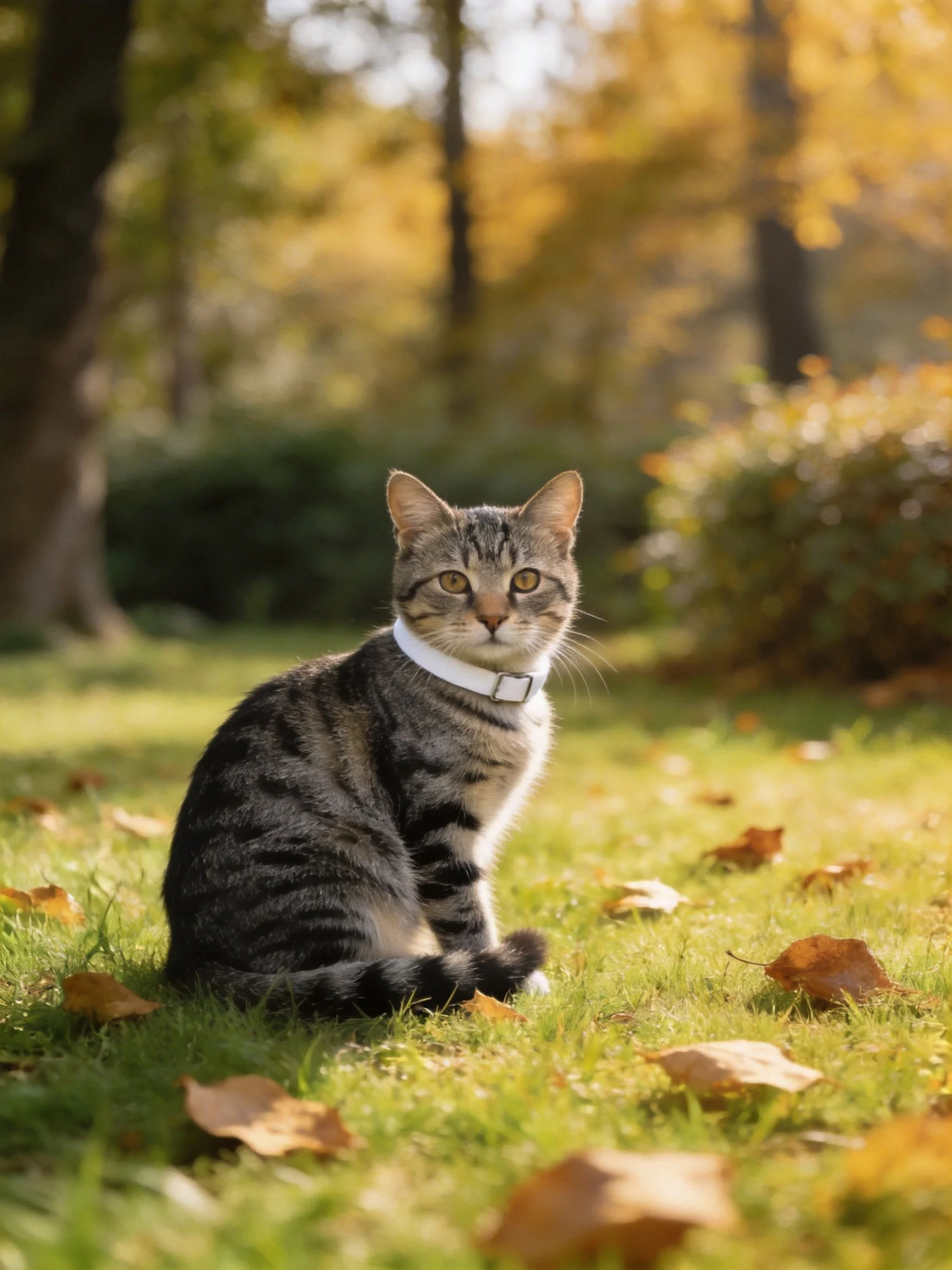 Tabby cat with white collar on grass amid autumn leaves