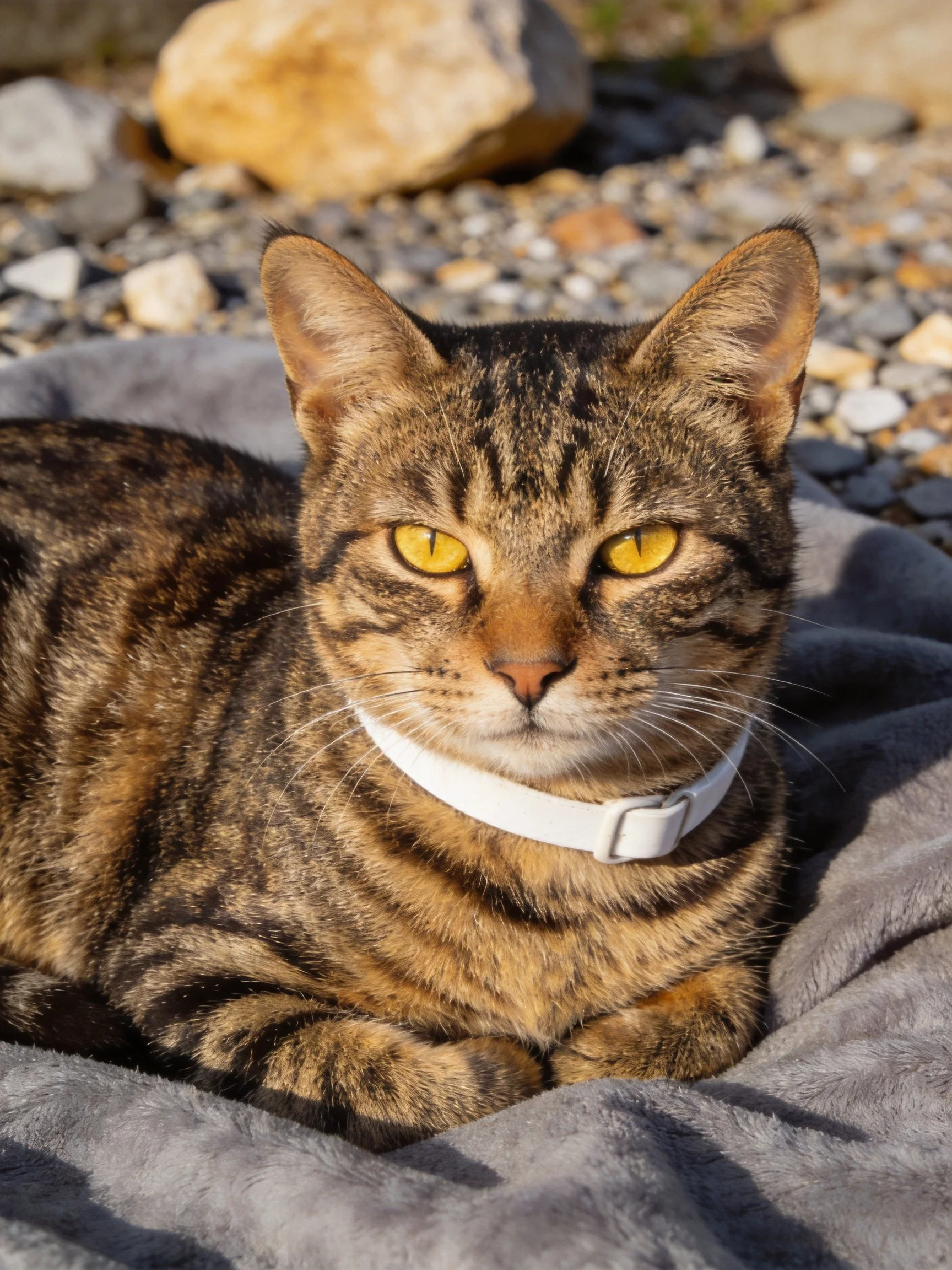 Tabby cat with yellow eyes rests on gray blanket near rocks