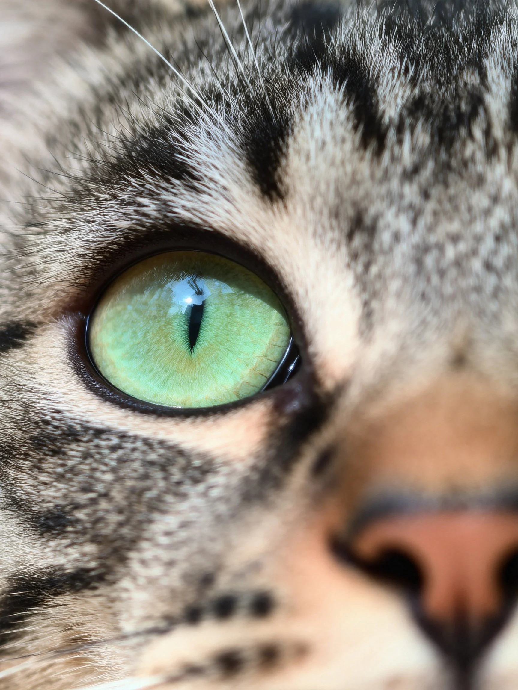 Close - up view of a tabby cat’s eye and distinctive facial markings.
