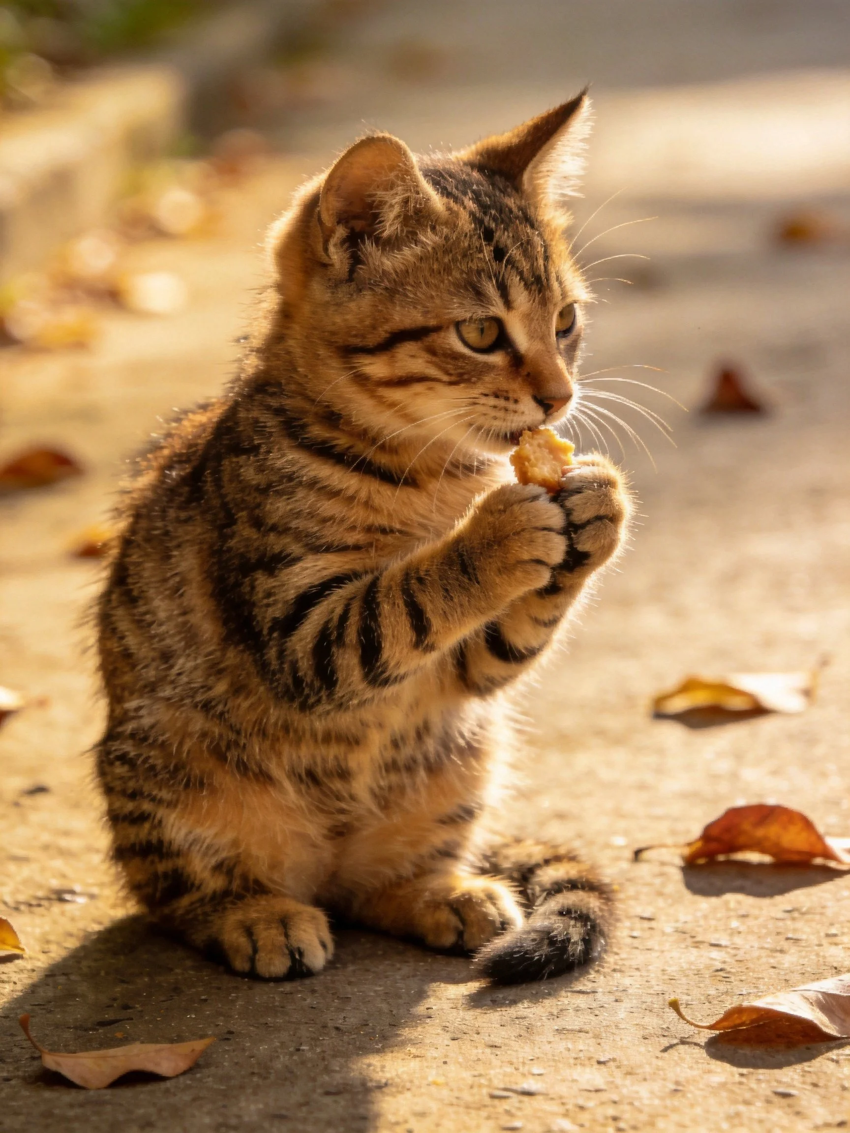 Tabby kitten eating near scattered autumn leaves