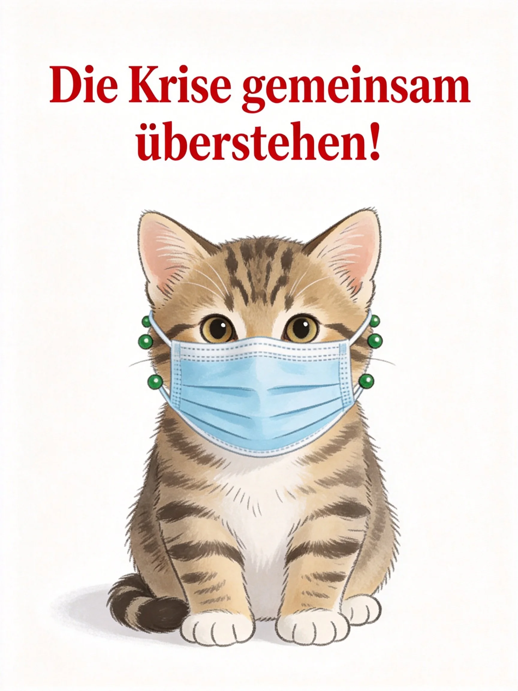 Tabby kitten in blue mask with green buttons; red German text