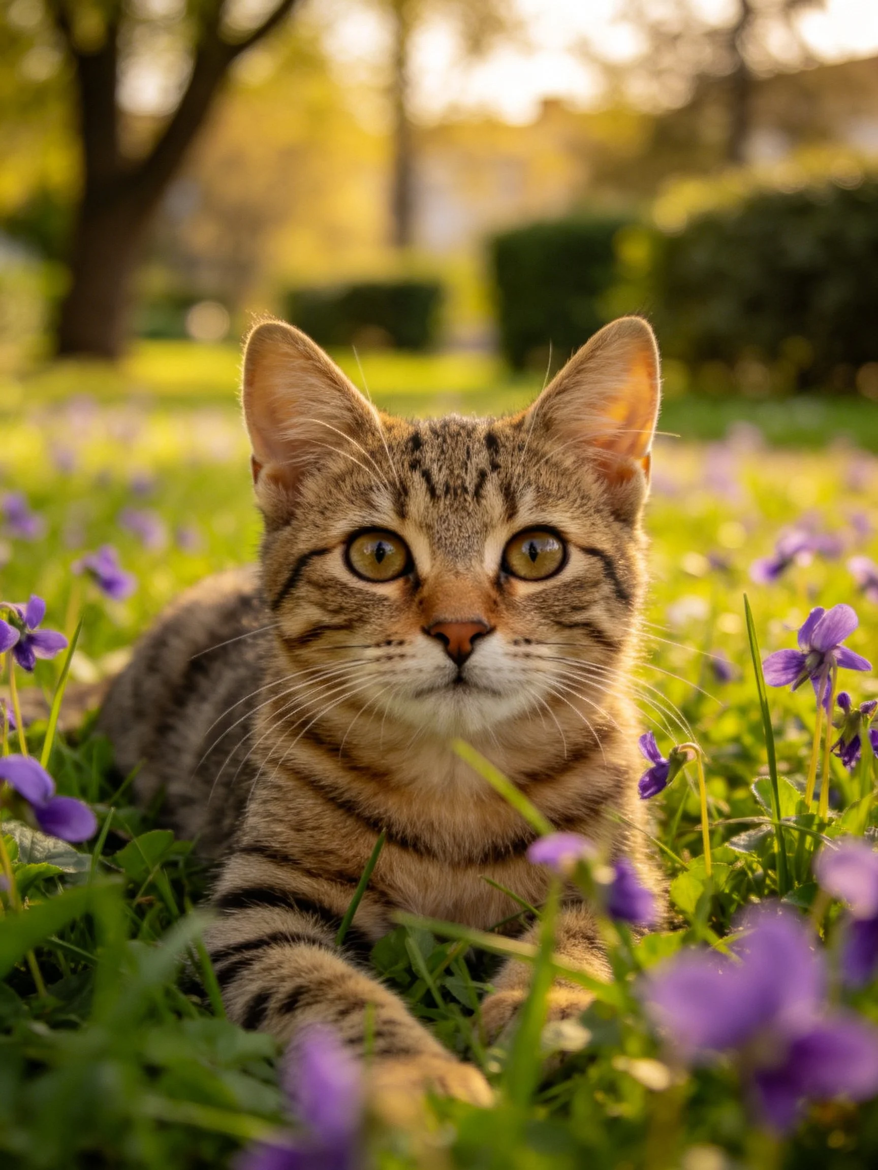 Tabby kitten resting amid purple flowers in a sunlit meadow