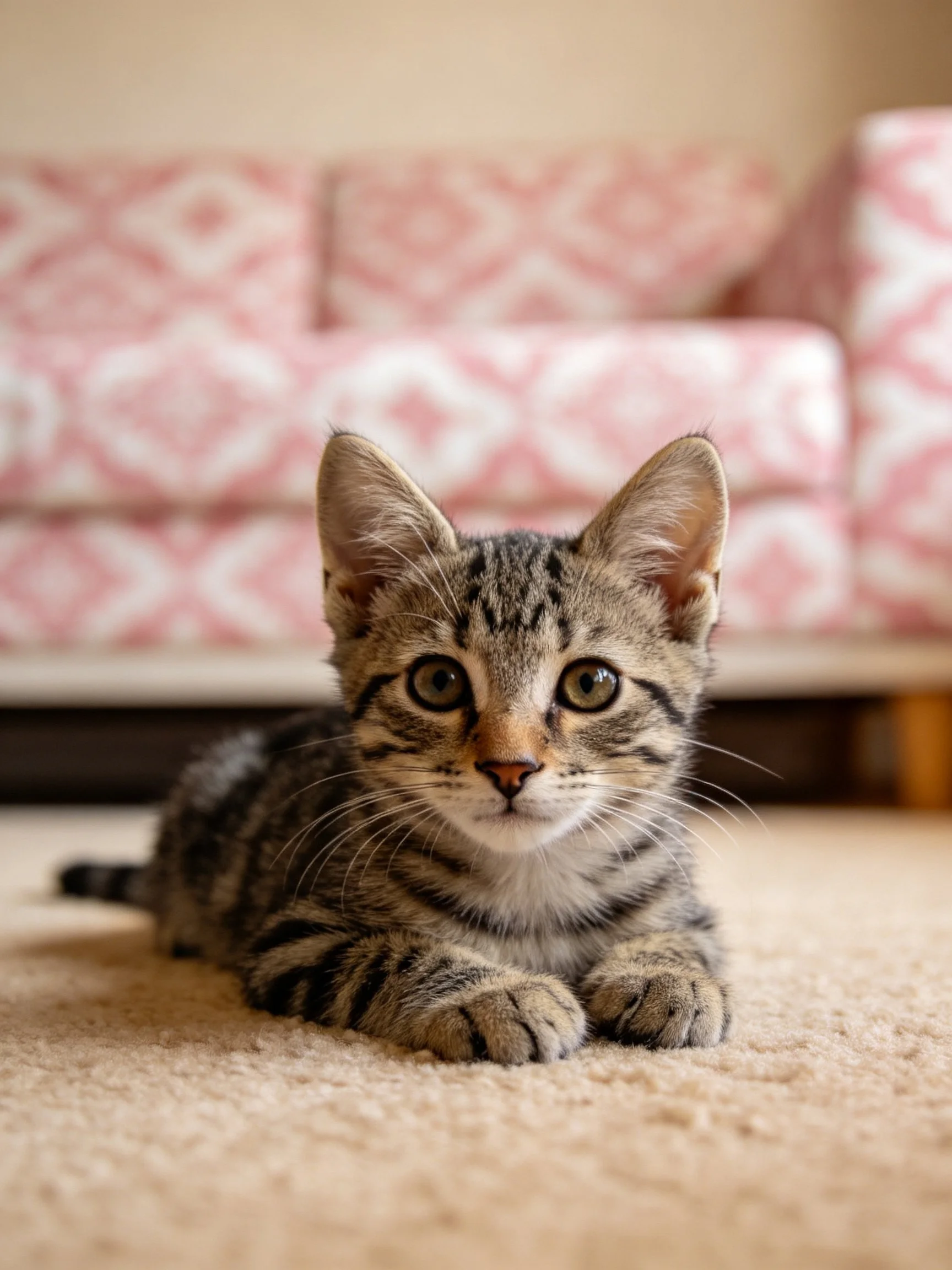 Tabby kitten rests on beige carpet near pink-patterned couch