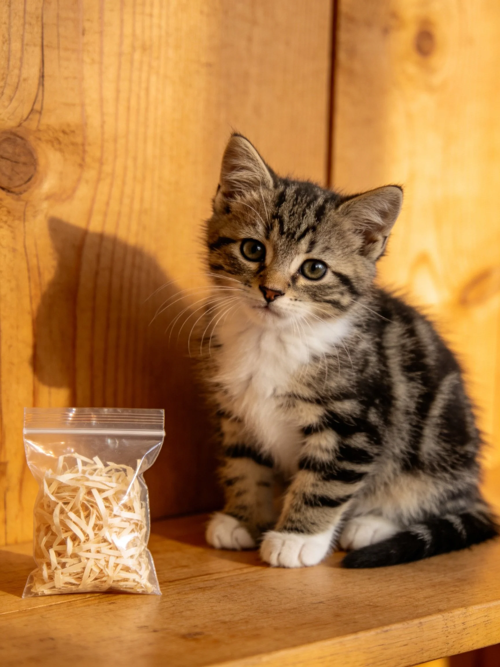 A tabby kitten sits near a small plastic bag on a wooden surface.