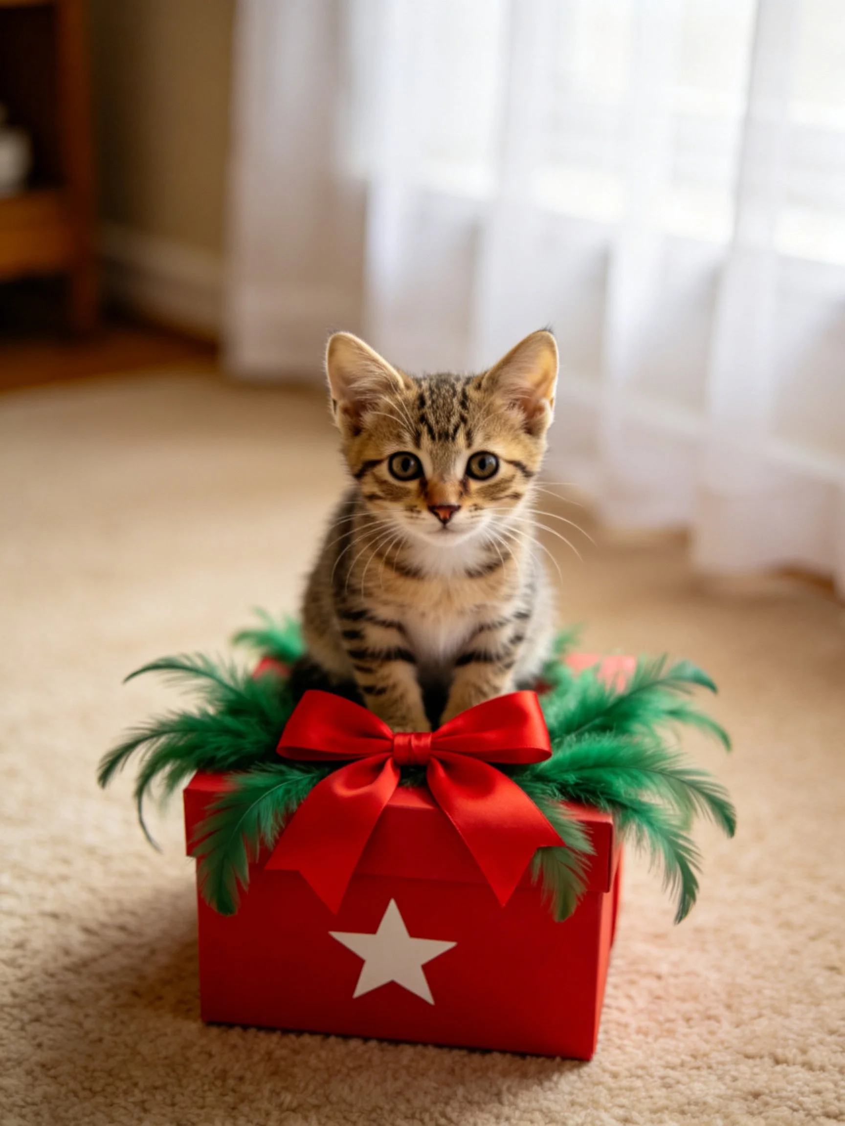 Tabby kitten sitting on festively decorated red gift box with green foliage