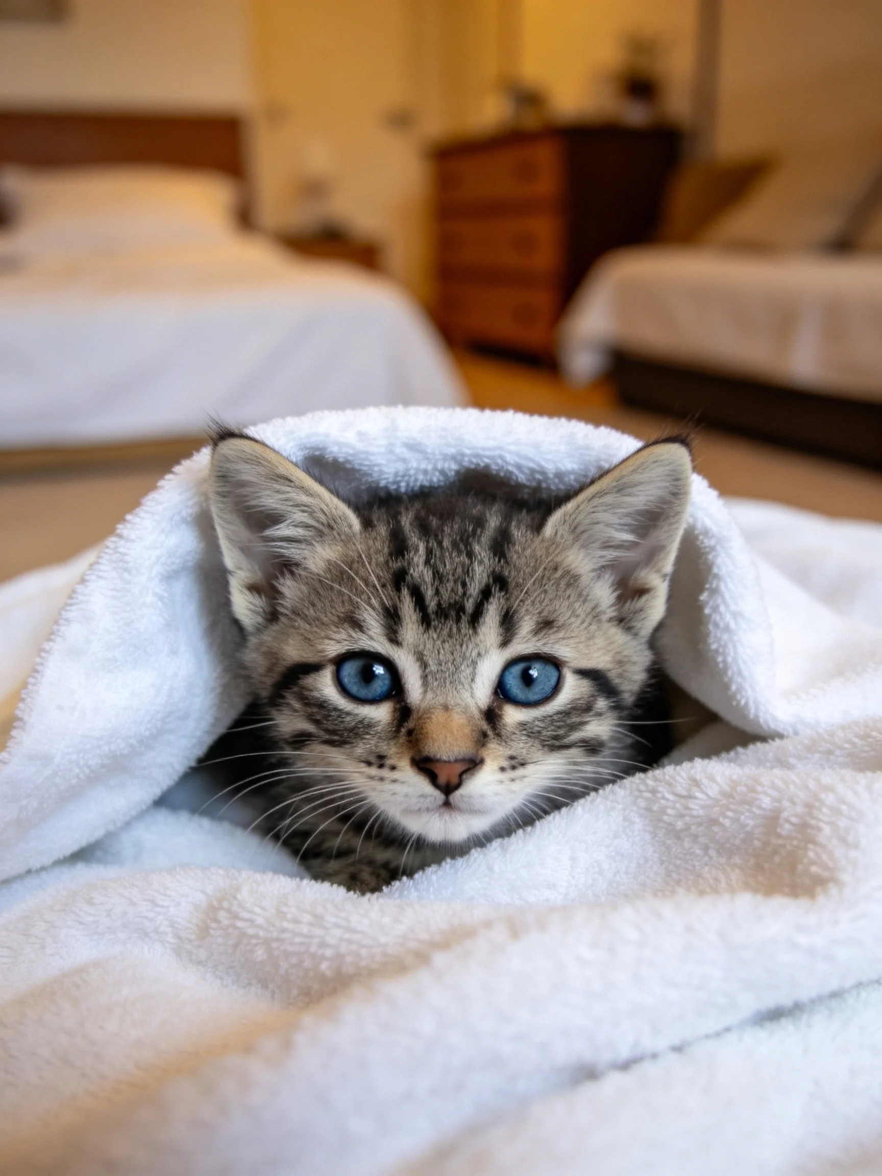Tabby kitten with blue eyes wrapped in white towel in hotel room